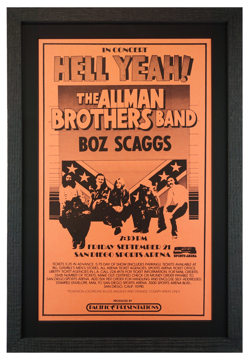 Allman Brothers poster from 1973 advertising Allman Brothers and Boz Scaggs at San Diego arena September 21, 1973