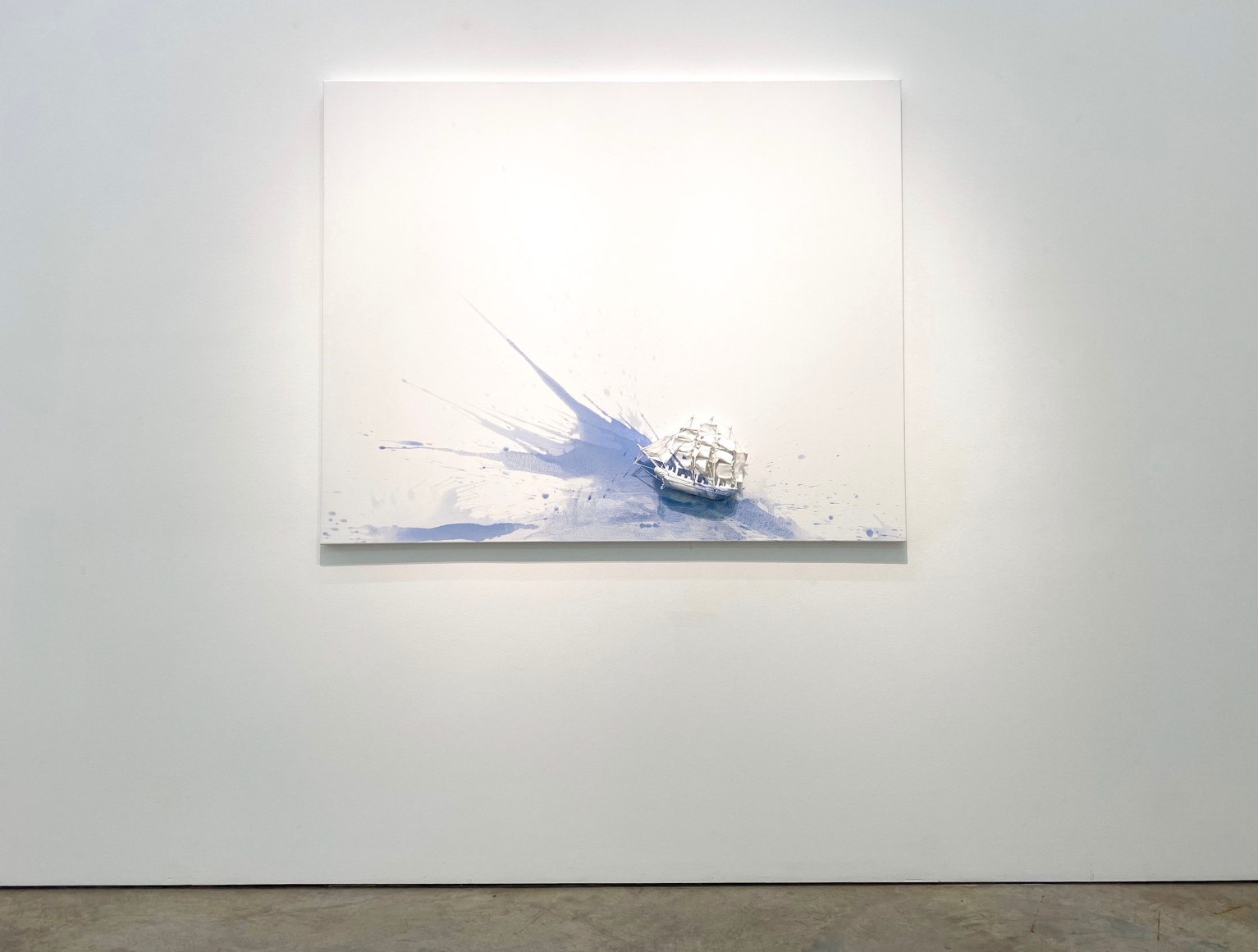 Liliana Porter, Untitled [with white sky], 2019. Acrylic and assemblage on canvas, 48 x 60 x 5 in. (121.9 x 152.4 x 12.7 cm.)