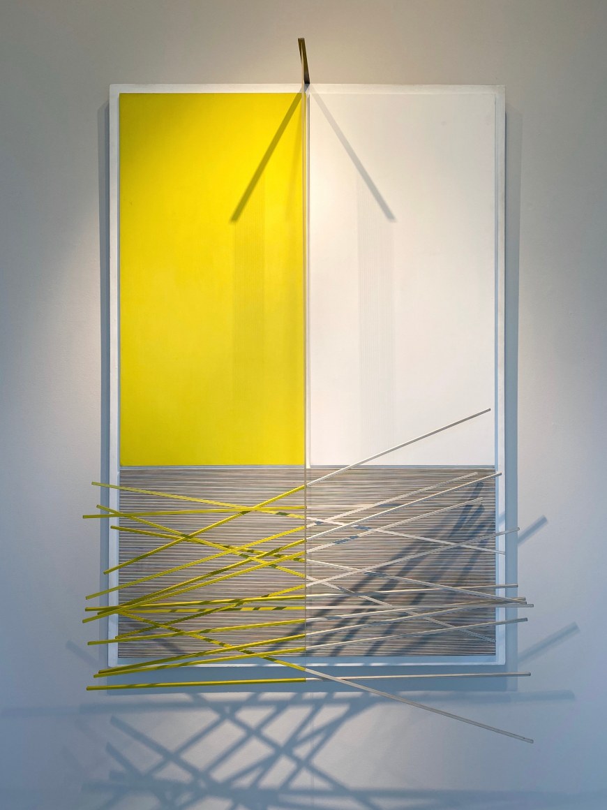 Jes&uacute;s Rafael Soto, Barres et Rectangles Jaunes et Blancs, 1965. Acrylic on board with aluminum rods and nylon wire, 62&nbsp;x 42 1/2 x 23 in. (157.5 x 108 x 58.5 cm.)