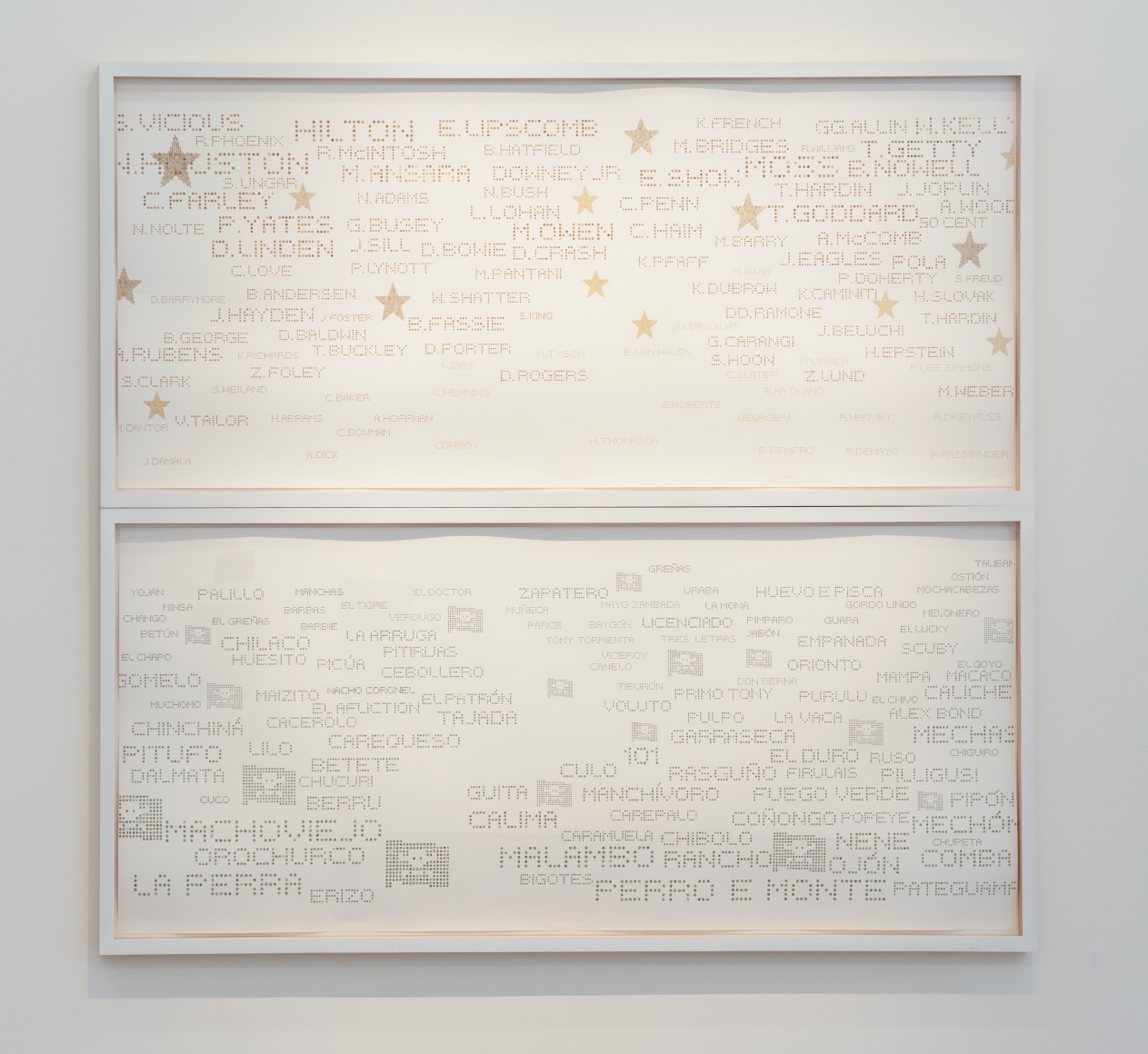 Miguel &Aacute;ngel Rojas, El camino corto. Diptych, Ed. 1/3 [Edition of 3], 2010. Cut coca leaf and dollar bills, 35 13/32 x 80 5/16 in.&nbsp;each