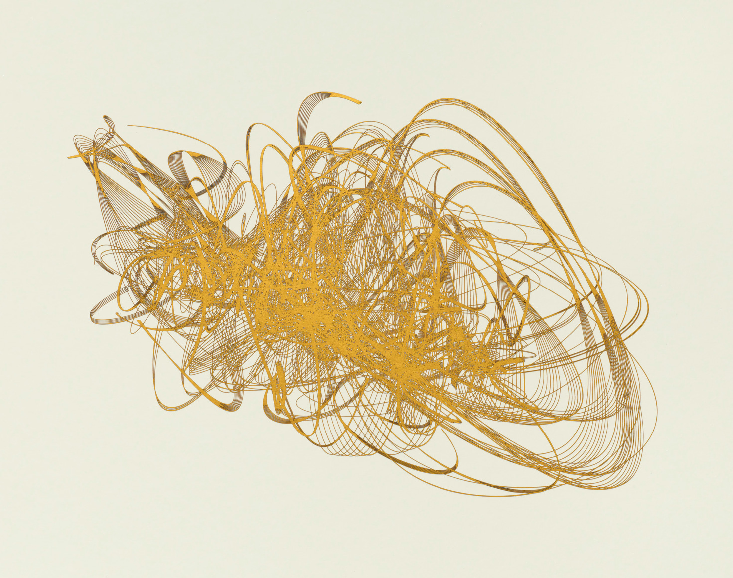 Gustavo Díaz. From the series: "Golden Writings." Writings knotted like nests. 2024. Cut out paper. 19 11/16 x 24 11/16 x 2 in.