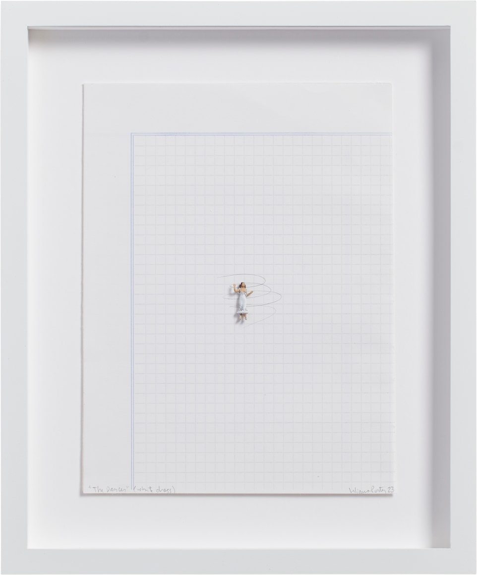 Liliana Porter, The Dancer (White Dress), 2023. Graphite and figurine on notebook paper, 8 &frac14; x 6 &frac14; in. (21 x 15.9 cm.)