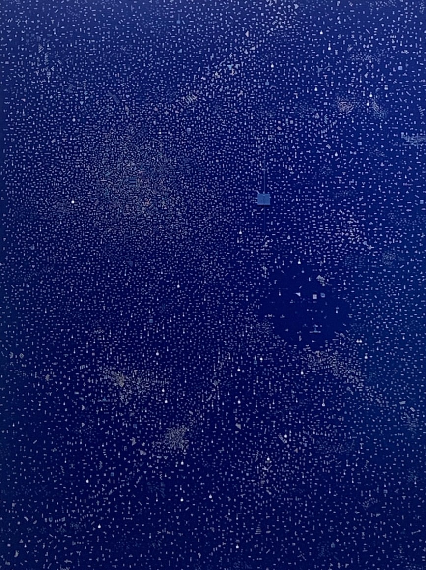 Marco Maggi, Too Far / too close, 2022. Paper on paper on blue Dibond, 48 x 36 in.