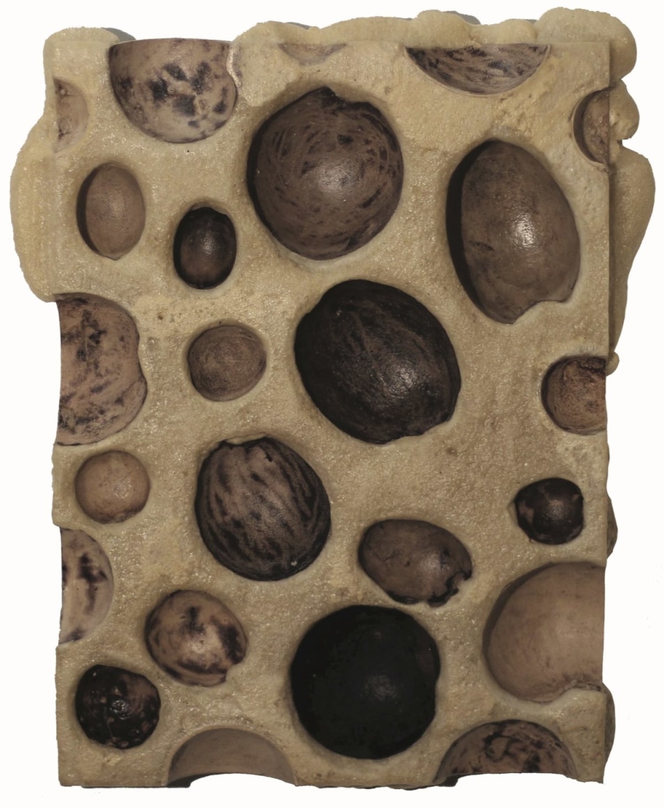 Mu&eacute;gano 24, 2018. Gourd cups, polyurethane foam, acrylic medium, bees wax, 19 11/16 x 16 17/32 x 2 3/4 in. (50 x 42 x 7 cm.)