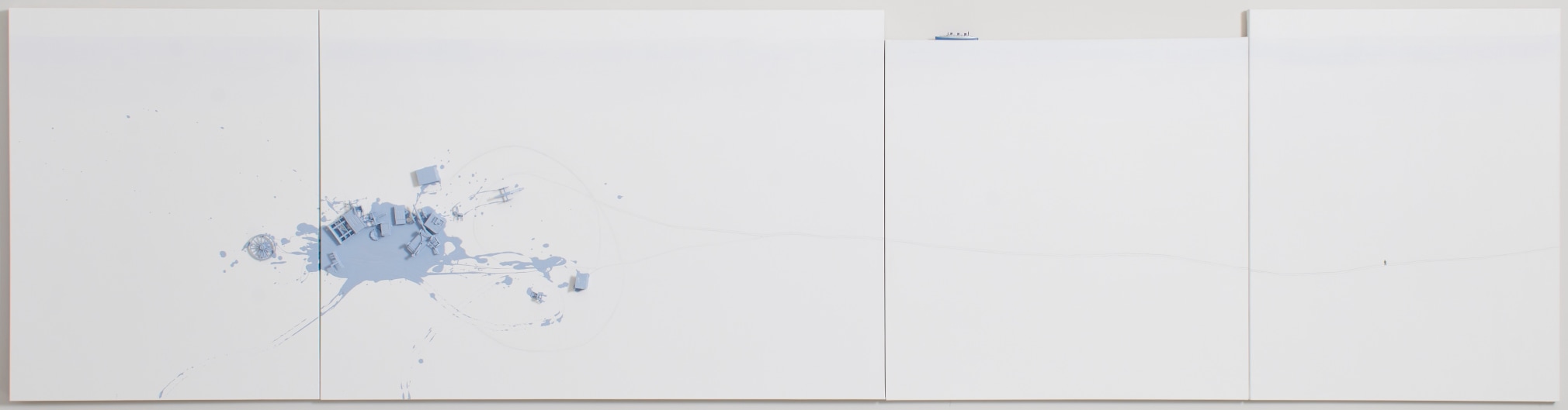 Liliana Porter, Long Journey with Traveler, 2021. Acrylic, graphite and attached small objects on canvas, 212 &frac12; x 54 in. (539.8 x 137.2 cm.)