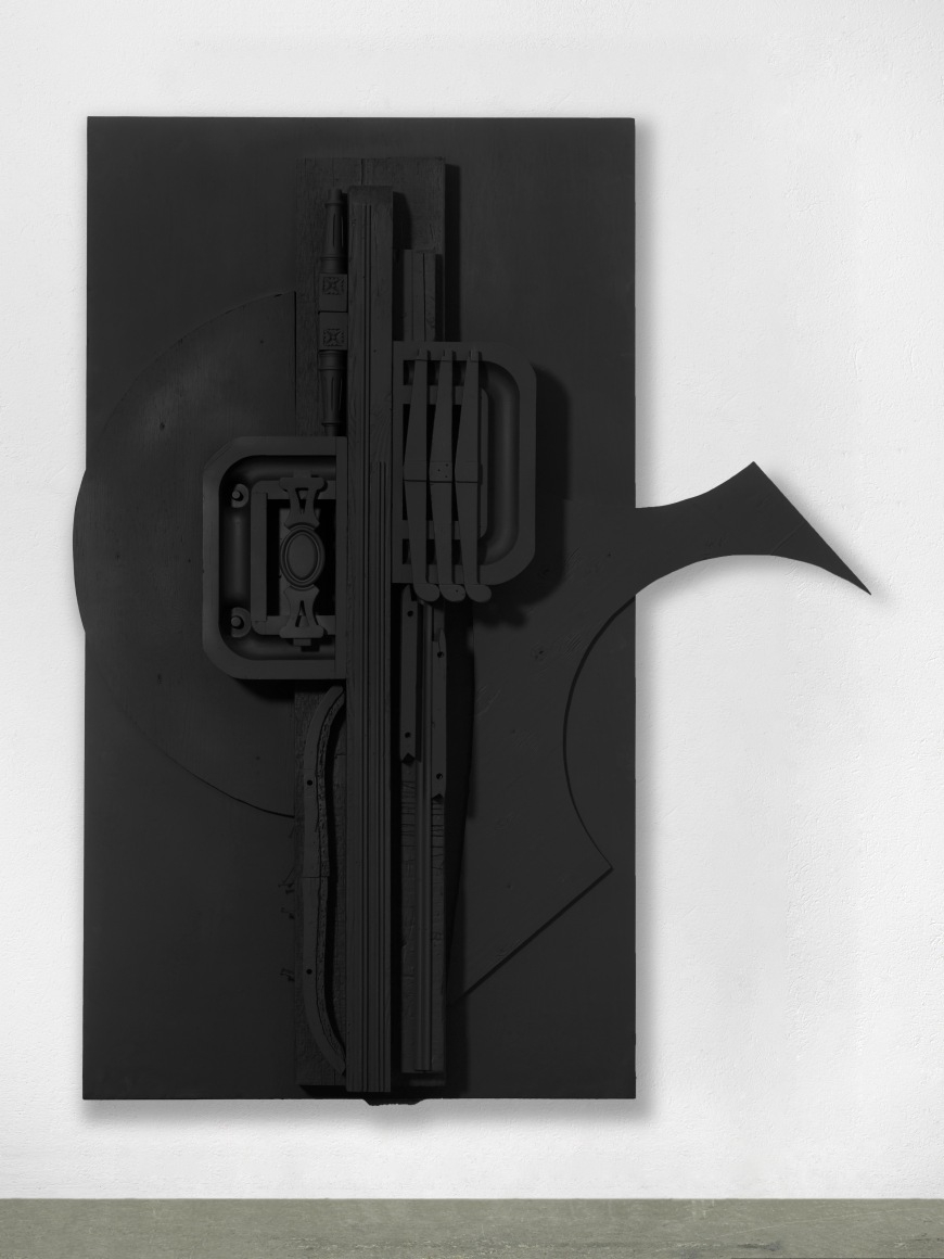 Louise Nevelson, Untitled, 1976 c., wood painted black, 80 x 63 x 8 &frac14; in. &copy; 2025 Estate of Louise Nevelson / Artists Rights Society (ARS), New York