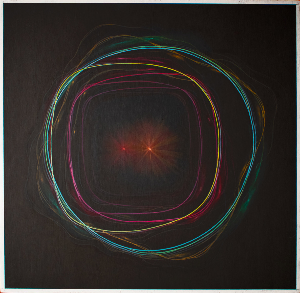 Melanie Smith. Psychoactive render 27, 2023, Pigments on veneered wood panel, 21 ⅝ x 21 ⅝ in.