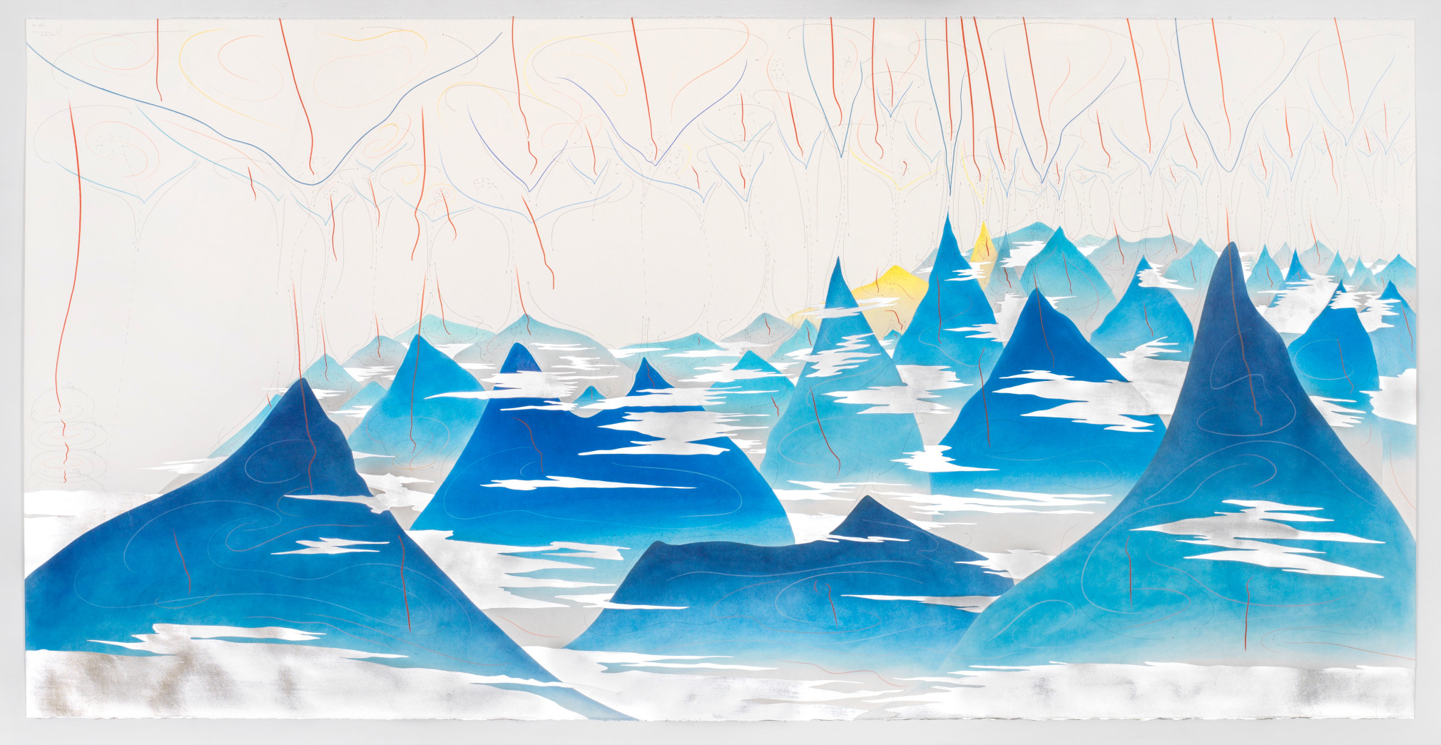 Jorinde Voigt,&nbsp;42 Hills, 2017. Signed,&nbsp;Ink, aluminium leaf, pastel, oil chalks, and graphite on paper,&nbsp;55 ⅛ x 110 &frac14; in. (140 x 280 cm.)