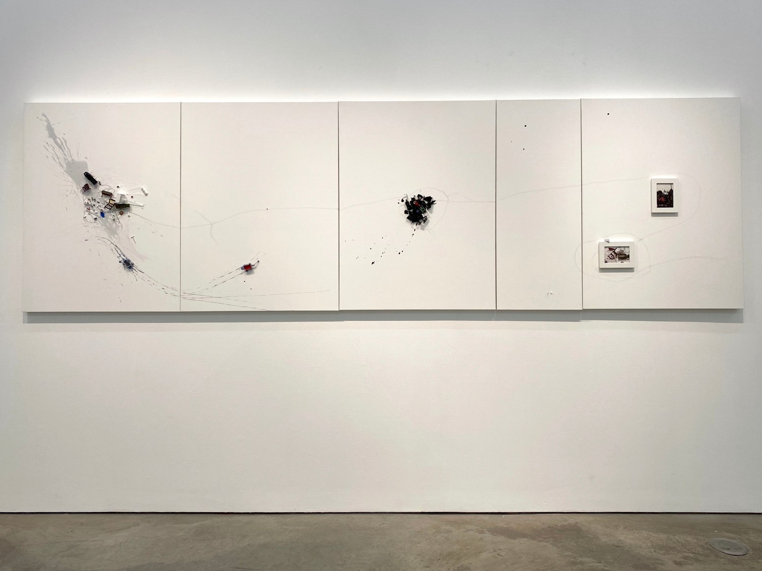 Liliana Porter, Breaking News / The Way Out, 2016. Acrylic on canvas, framed digital photos, assemblage, 40 x 136 x 5 in. (101.6 x 345.4 x 12.7 cm.) 5 panels total