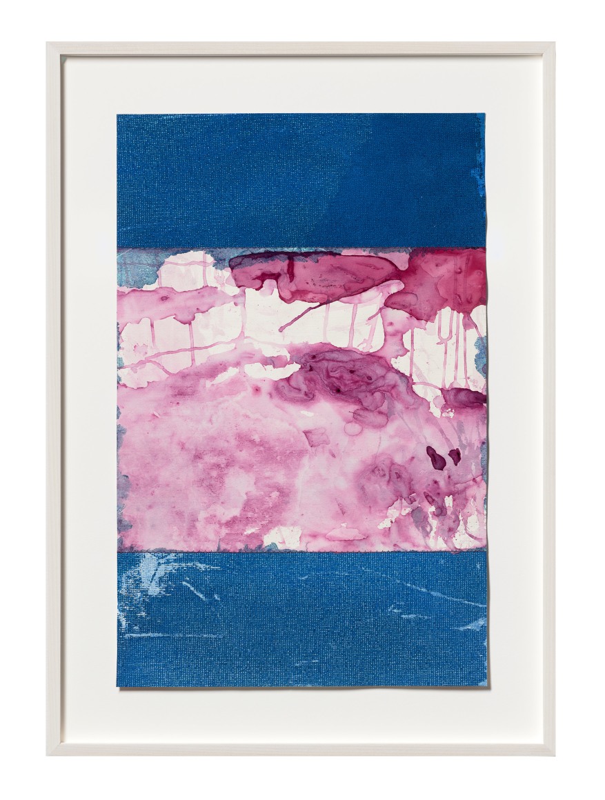 Sandra Monterroso, La paradoja de sanar N&ordm; 2 [The paradox of healing N&ordm; 2], 2023. Cochinilla, Indigo, acrylic, cotton paper, 26 x 16 3/4 in.