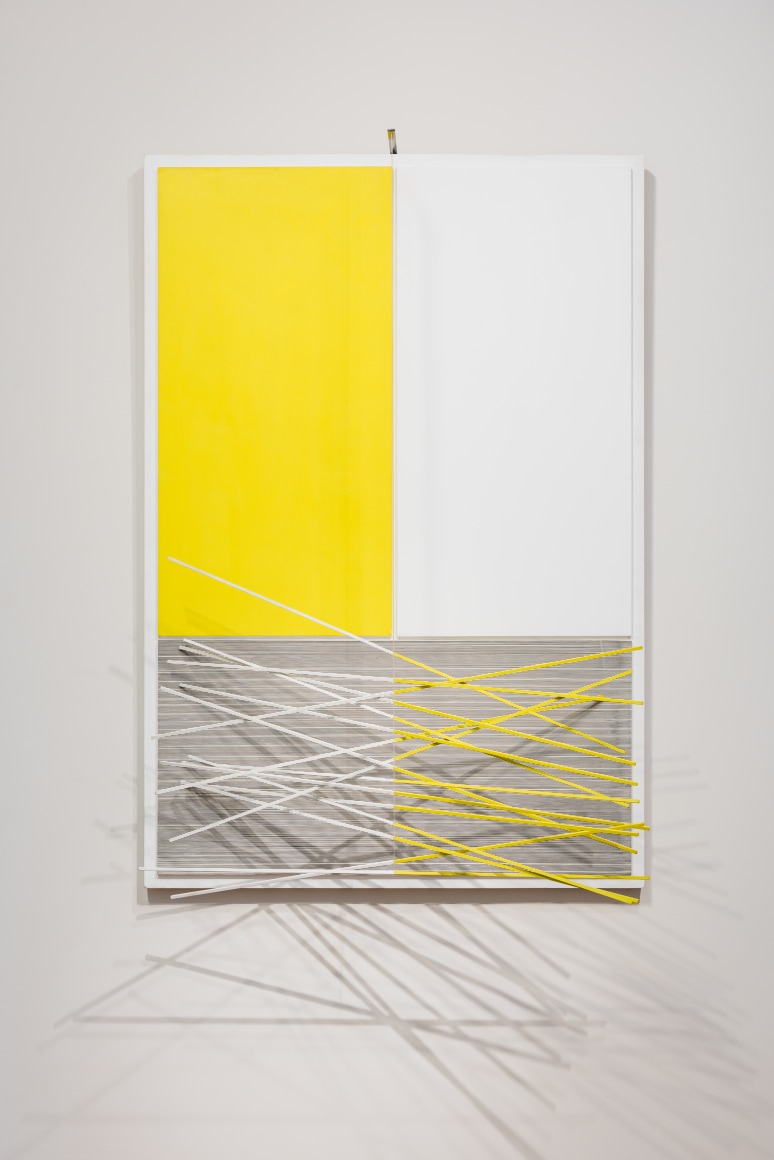 Jesús Rafael Soto, Barres et Rectangles Jaunes et Blancs, 1965, Acrylic on board with aluminum rods and nylon wire, 62  x 42 1/2 x 23  in. (157.5 x 108 x 58.5 cm.)