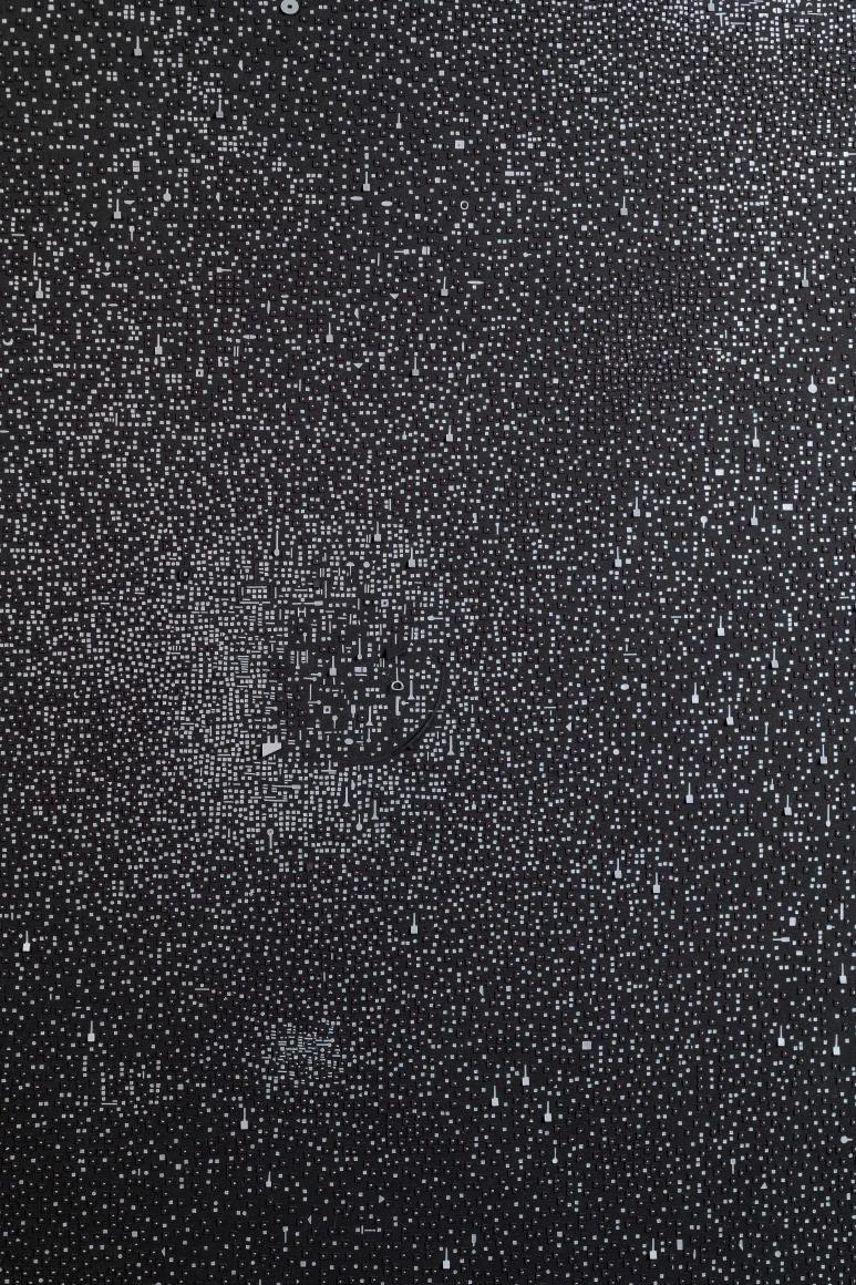 Marco Maggi, No visual distancing (Silver on Black), detail, 2021. Paper on paper on paper, 24 x 18 in. (61 x 45.7 cm.)