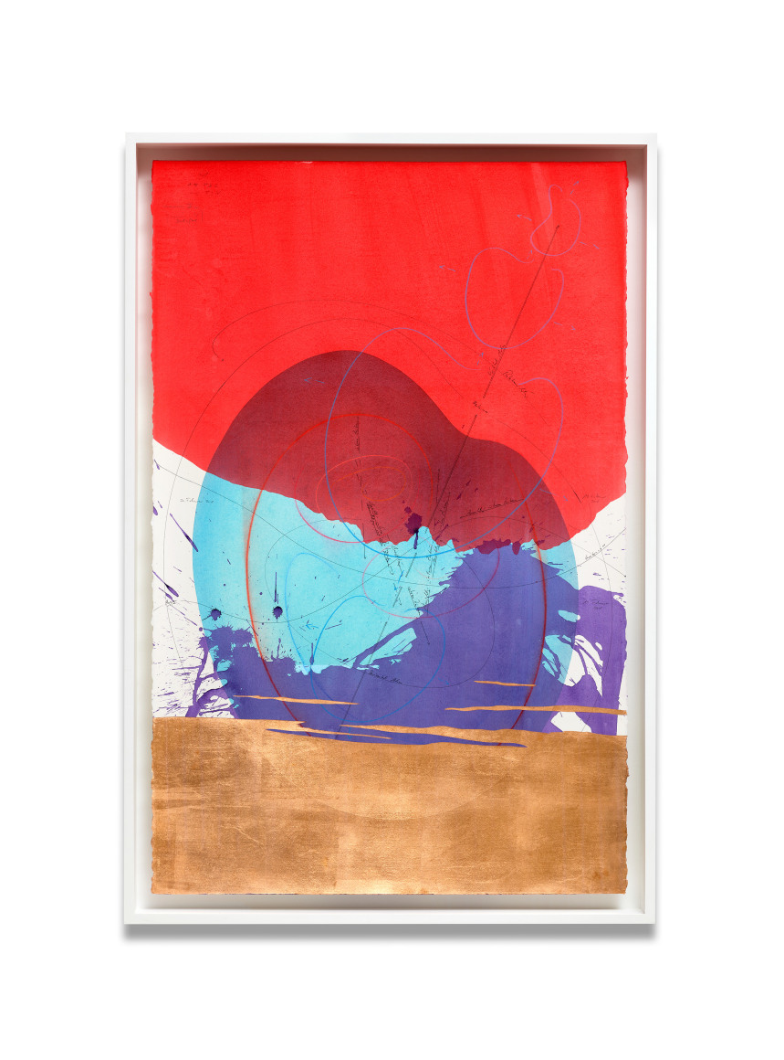 Jorinde Voigt, Immersion IV (7), 2018.&nbsp;Ink, India ink, copper leaf, pastel, oil pastel, pencil on paper, 40 1/8 x 26 in.