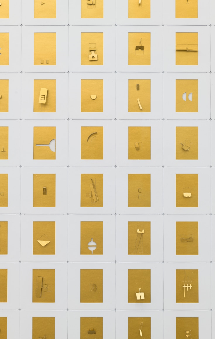 Marco Maggi, Sliding Gold, detail, 2021. Cut &amp;amp; fold on 35 mm papers, 48 x 36 in. (121.9 x 91.4 cm.)