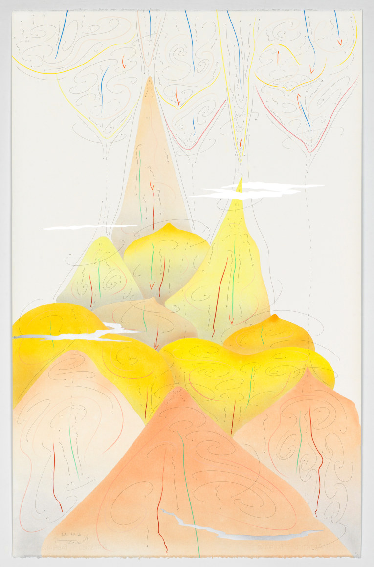 Jorinde Voigt,&nbsp;Yellow Hills VIII, 2017. Signed,&nbsp;Ink, aluminium leaf, pastel, oil chalks and graphite on paper,&nbsp;58 ⅞ x 39 x 3 &frac12; in. (149.5 x 99 x 9 cm.)