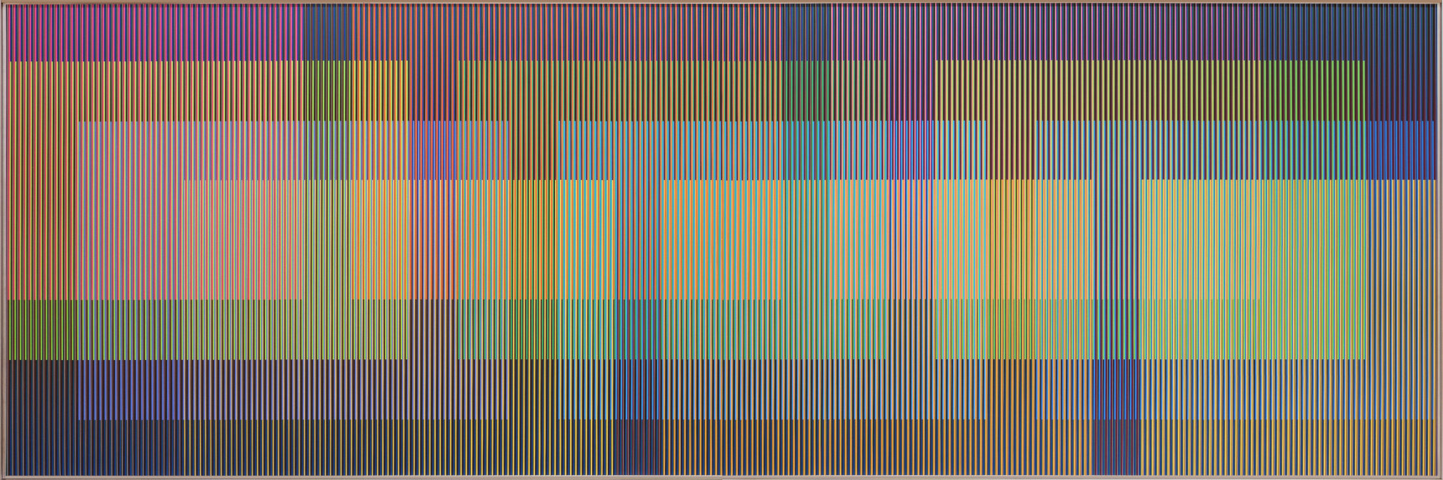 Carlos Cruz-Diez, Physichromie Panam 245, 2015. Chromography on aluminum, plexiglass, 39 5/16 x 118 1/16 in.