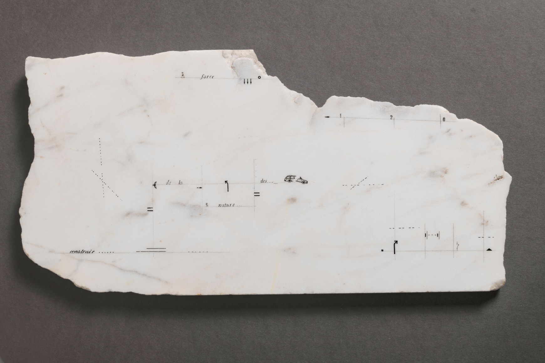 Marie Orensanz,&nbsp;La Force de la Nature, 1978,&nbsp;Drawing on marble (statuary),&nbsp;10 3/8 x 20 3/4 x 5/8 inches (26.5 x 52.6 x 1.5 cm.)