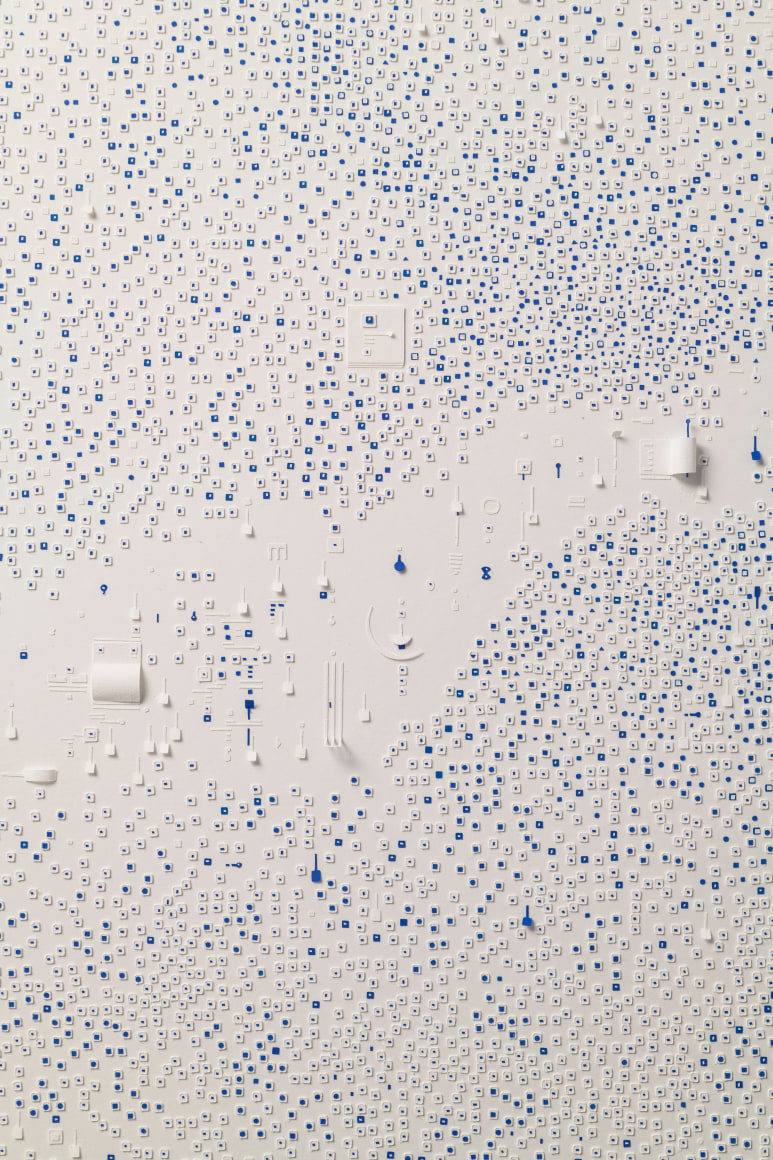 Marco Maggi, No visual distancing (Blue on White), detail, 2021. Paper on paper on paper, 24 x 18 in. (61 x 45.7 cm.)