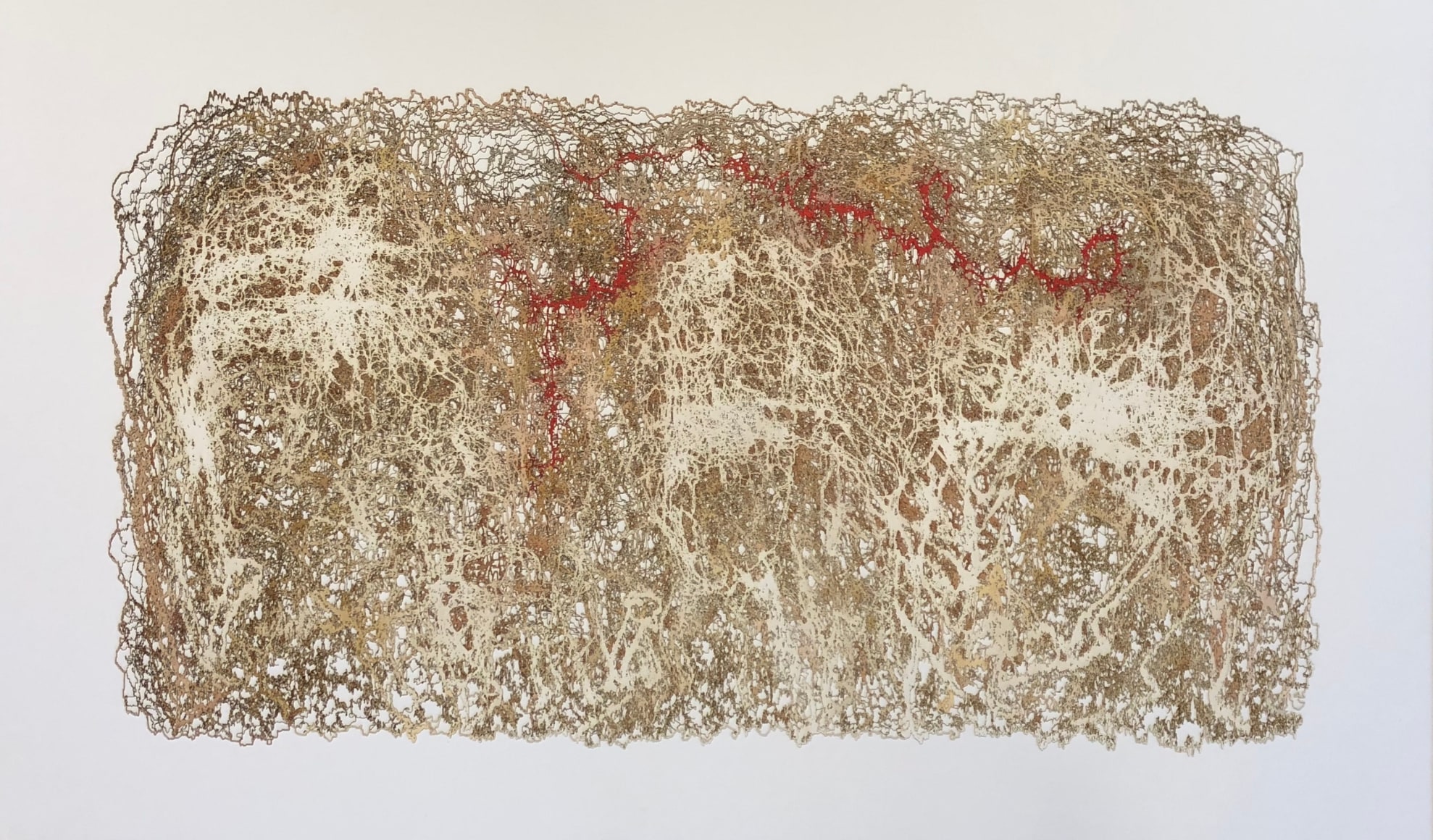 Gustavo Díaz, #trajectories #complexconnectivities #fluids #fuzzycluster #hipernatural #granularpatterns #phenomenon #neural networks  #varolius #no-lugar #fossil #map #neuroplasticity #topology #color #timeandcomplexity #01, 2019, Cut out paper, 22 13/16 x 37 3/8 in. (58 x 95 cm.)