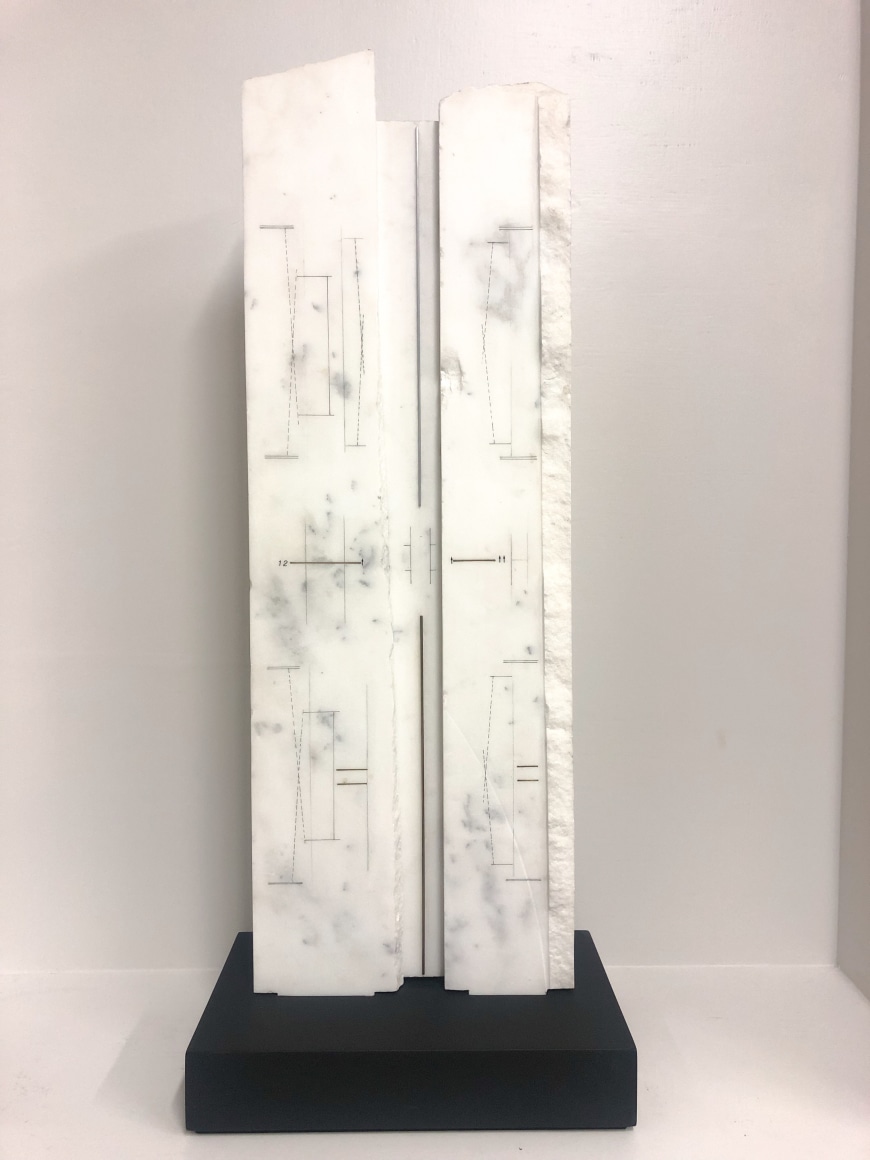 Marie Orensanz, Paralelas 2, 1986. Drawing, collage, and mixed media on marble, 29 1/2 x 10 1/4 x 1 5/8 in. (74.9 x 26 x 4.1 cm.)