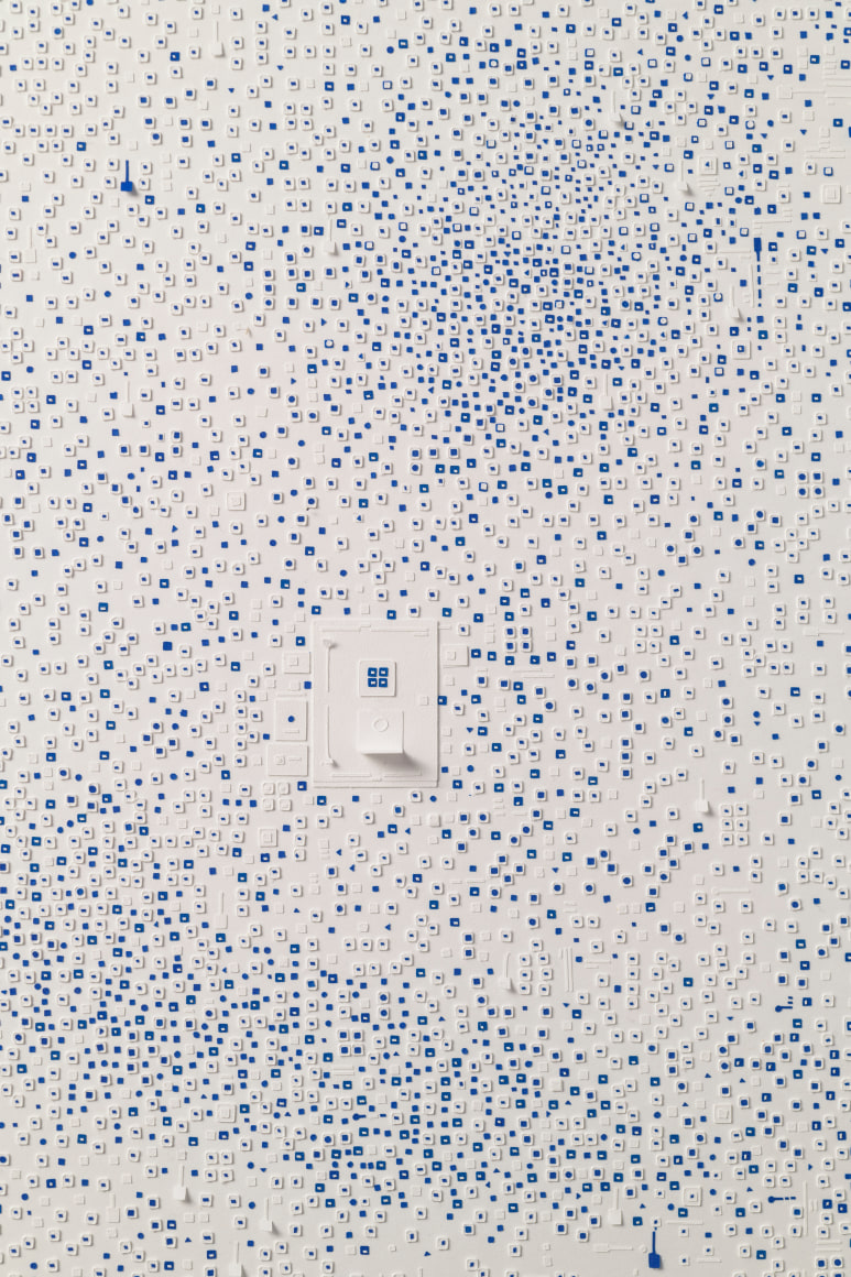 Marco Maggi, No visual distancing (Blue on White), detail, 2021. Paper on paper on paper, 24 x 18 in. (61 x 45.7 cm.)