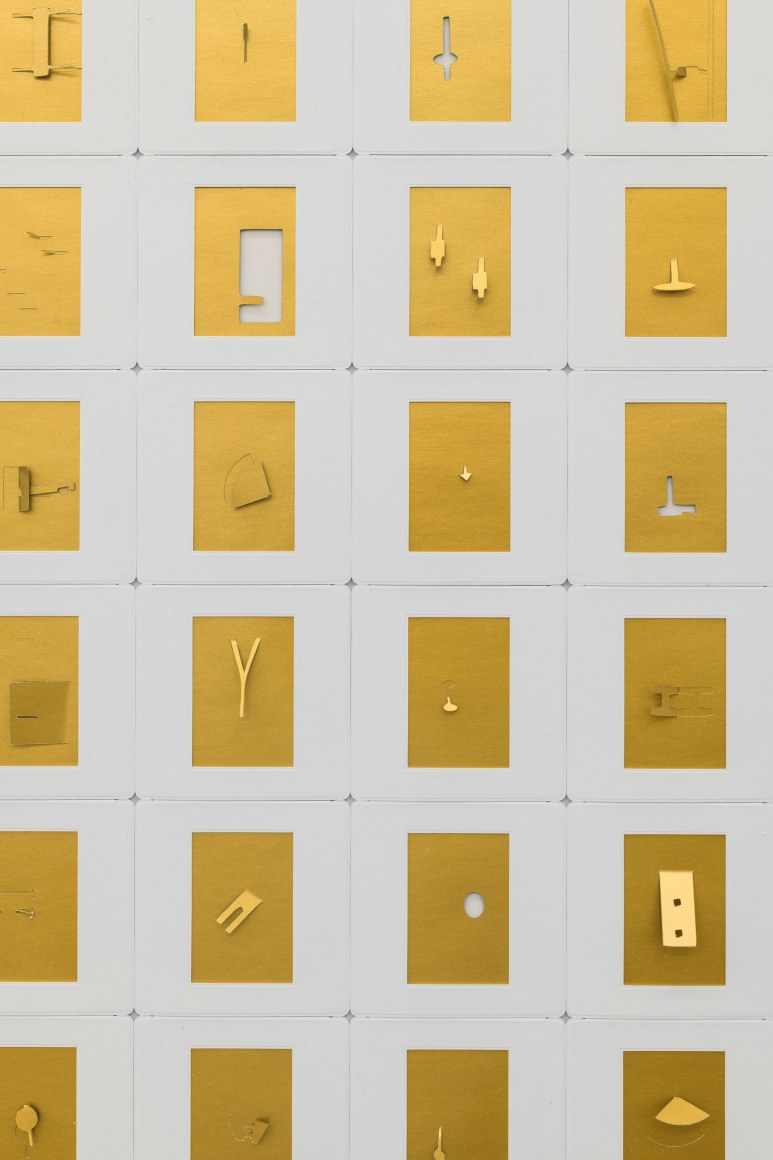 Marco Maggi, Sliding Gold, detail, 2021. Cut &amp;amp; fold on 35 mm papers, 48 x 36 in. (121.9 x 91.4 cm.)