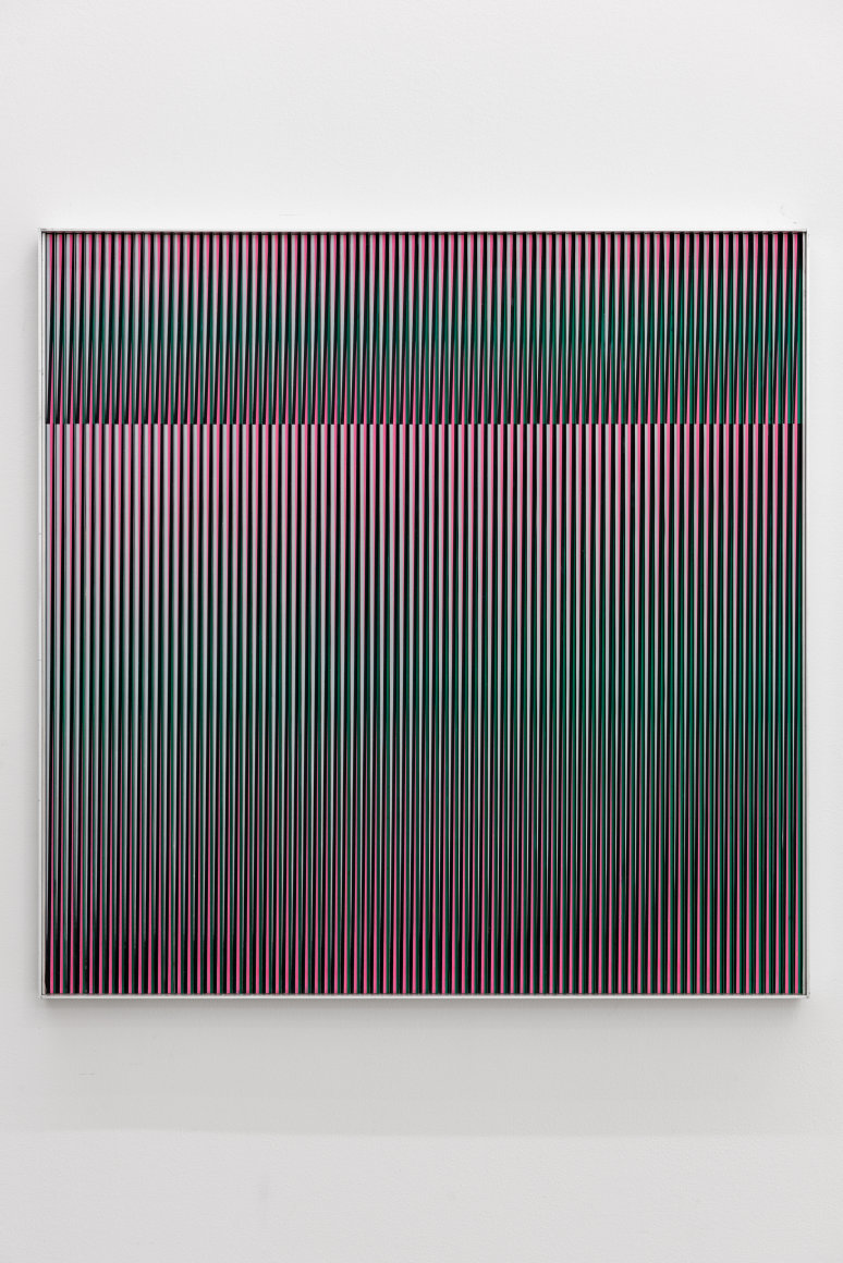 Carlos Cruz-Diez, Physichromie 888, 1976. Silkscreened aluminum modules, stainless steel inserts with aluminum strip frame, 31 1/2 x 31 1/2 in.