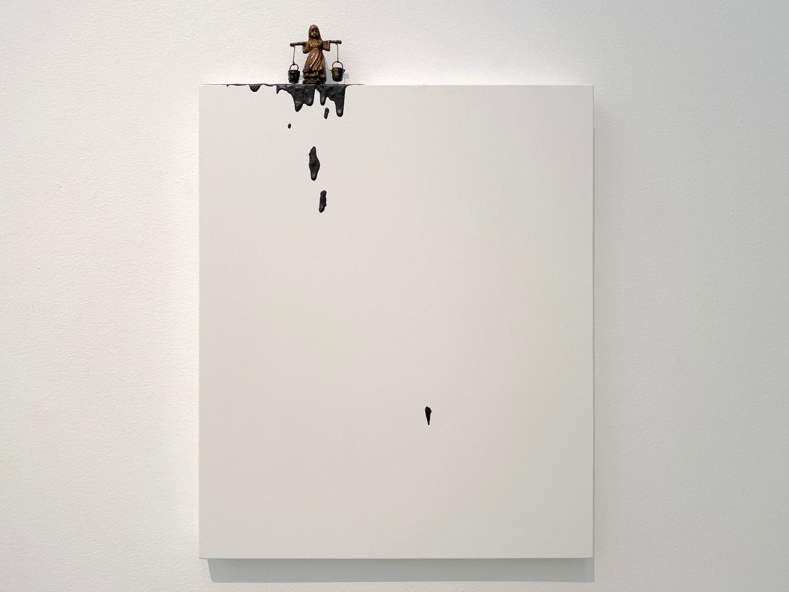 Liliana Porter, The Two Buckets, 2019. Acrylic and bronze figurine on canvas, 27 x 20 x 1 1/2 in. (68.6 x 50.8 x 3.8 cm.)