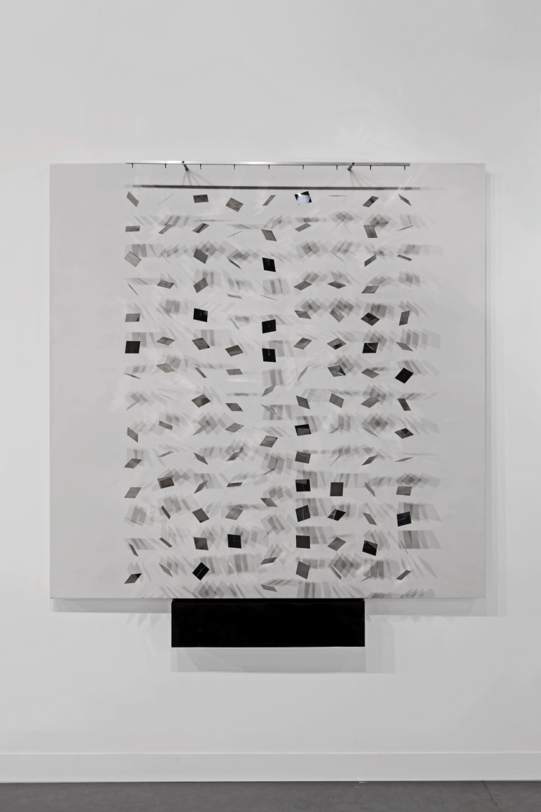 Julio Le Parc, Continuel Lumiere, Ed. 2/10, 1962-1966. Wood, stainless steel, nylon wire, aluminum, bulb, 69 1/4 x 62 15/16 x 8 5/8 in. (176 x 160 x 22 cm.)