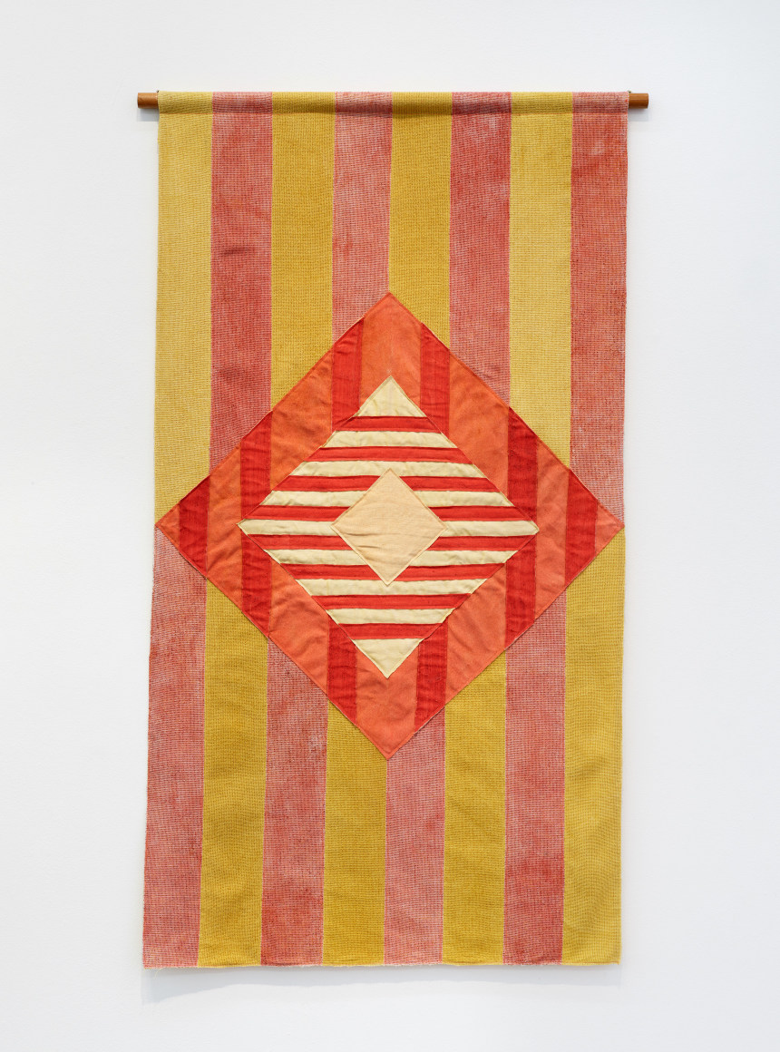 Sandra Monterroso, Composici&oacute;n org&aacute;nica en rombo N&ordm; 1. [Organic composition in rhombus N&ordm; 1], 2022. Linen and cotton dyed with natural dyes: turmeric, achiote, and synthetic dyes, 56 1/4 x 31 1/4 in. (143 x 79.5 cm.)