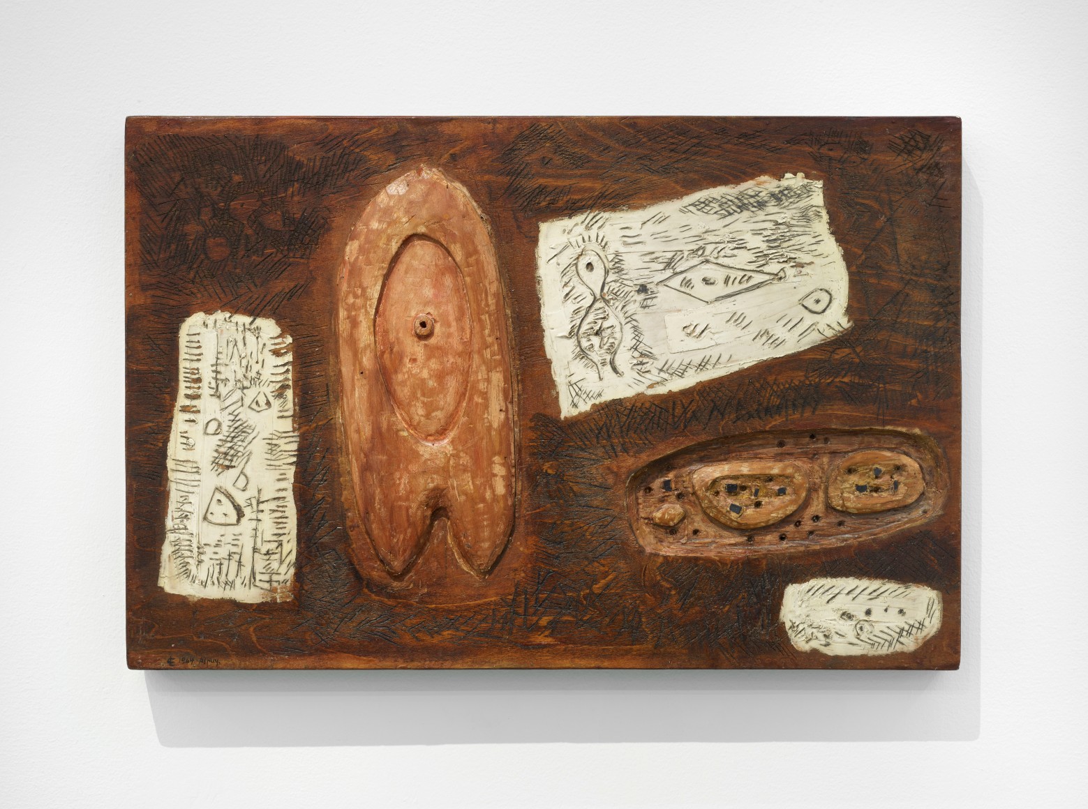 Julio Alpuy, Creaci&oacute;n I, 1964. Oil incised wood, 18 1/2 x 27 1/4 in. (47 x 69.2 cm.)