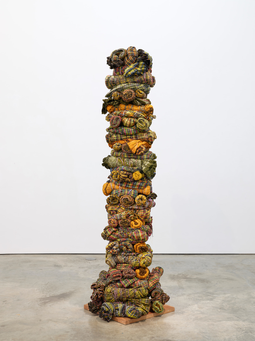 Sandra Monterroso, Columna Vertebral Amarilla [Yellow Spine], 2012- 2017. Textile woven on floor loom, wood, thread, 94 7/16 x 23 5/8 x 23 5/8 in. (240 x 60 x 60 cm.)