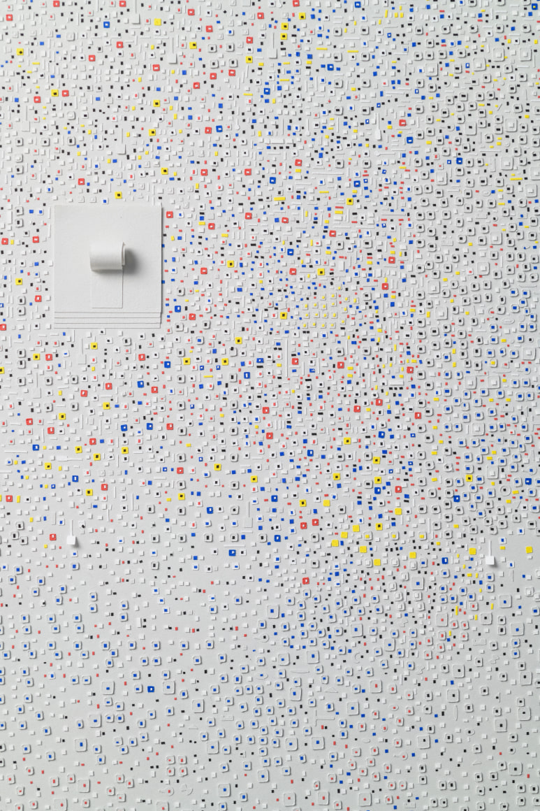 Marco Maggi, No visual distancing (Colors on Grey), detail, 2021. Paper on paper on paper, 24 x 18 in. (61 x 45.7 cm.)