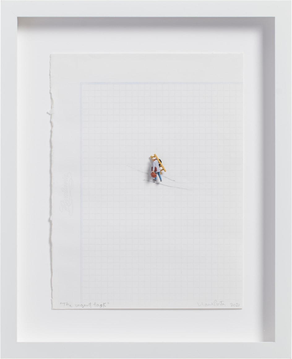 Liliana Porter, The Urgent Task, 2021. Assemblage and graphite on paper, 8 &frac14; x 6 ⅛ in. (21 x 15.6 cm.)