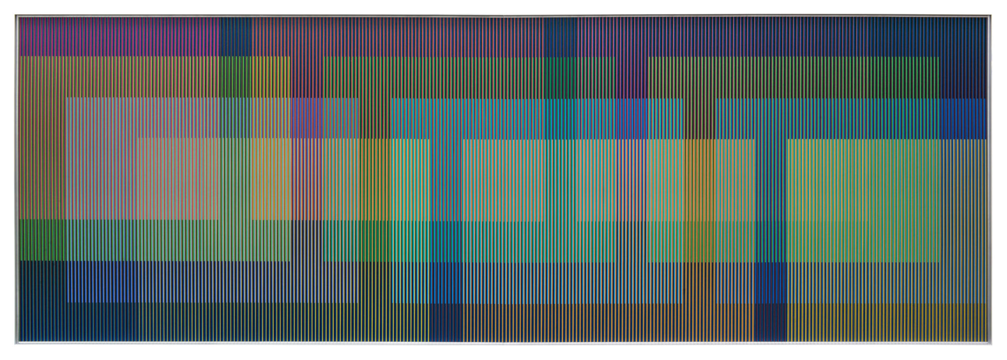 Carlos Cruz-Diez,&nbsp;Physichromie Panam 245, 2015. Chromography on aluminum, Plexiglass,&nbsp;39 5/16 x 118 1/16 in. (100 x 300 cm.)