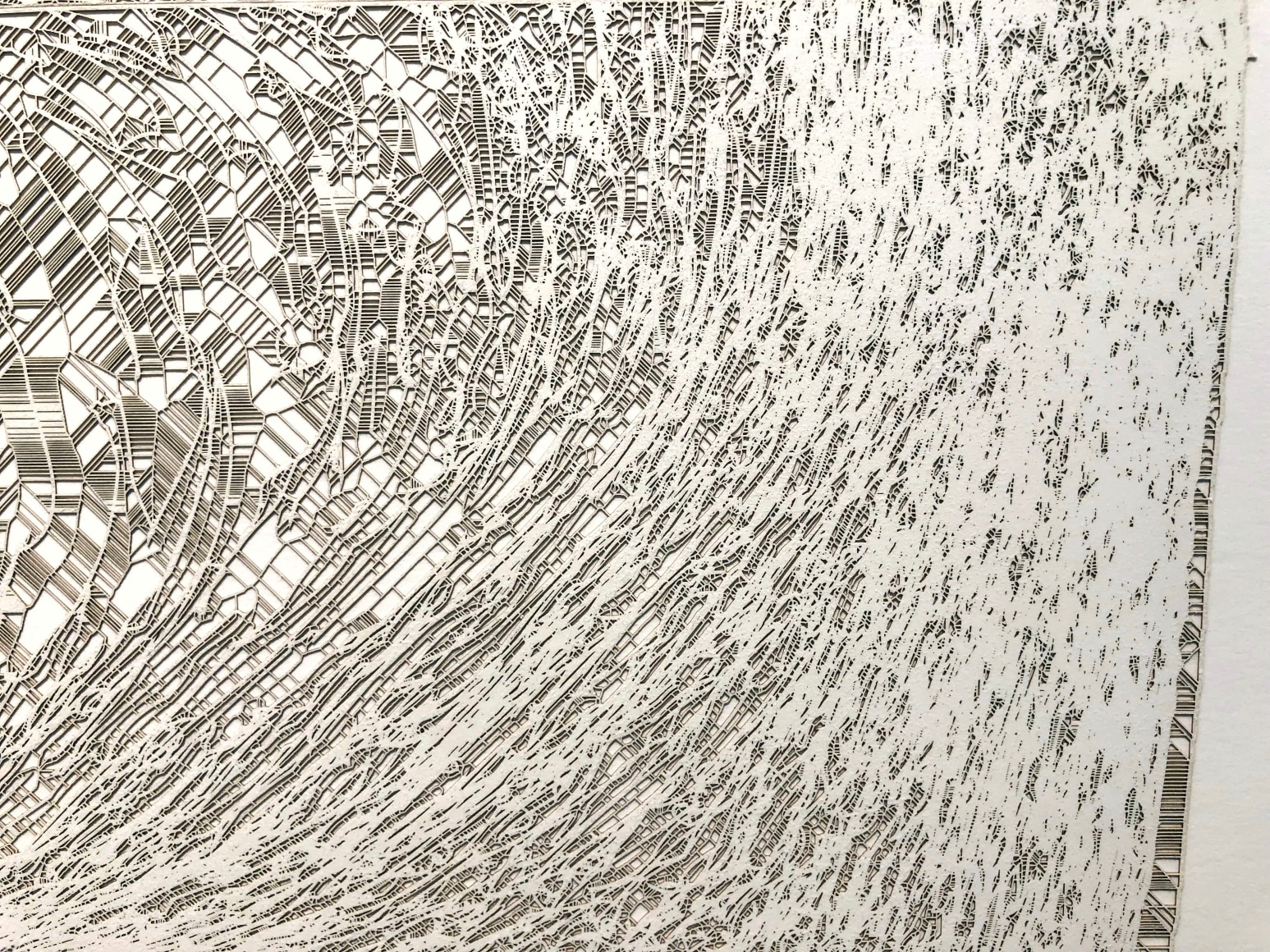 Gustavo D&iacute;az, Modelo conjetural en el que 150 x L = 1. Zadeh cuenta... 1- 150 = 0, from the series Conjuntos Borrosos (detail),&nbsp;2018. Cut paper, 45 3/16 x 69 7/8 x 1 3/4 in., &nbsp;