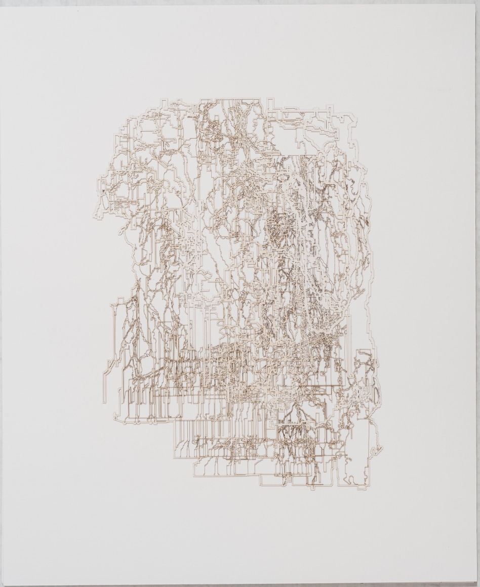 Variaciones conjeturales sobre un bosque inundado de trayectorias cuasi brownianas (previo a la Gran Bifurcación). En algún lugar nieva.&nbsp;Koch. Modelo 004- Era Pre arboritica, 2018. Cut out paper.&nbsp;17 7/8 x 14 3/4 x 1 3/4 in. (45.4 x 37.5 x 4.4 cm.)