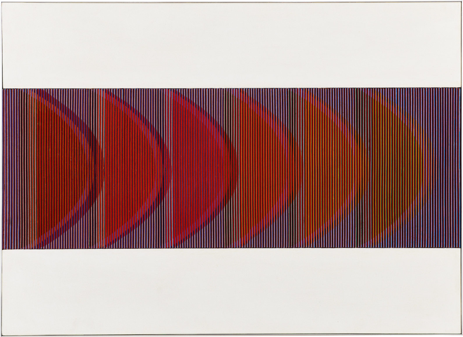 Carlos Cruz-Diez,&nbsp;Physichromie N&ordm; 140, 1964. Casein [Plaka] on cardboard, pvc, acrylic paint, wood, 24 ⅜ x 33 &frac12; inches 62 x 85 cm.