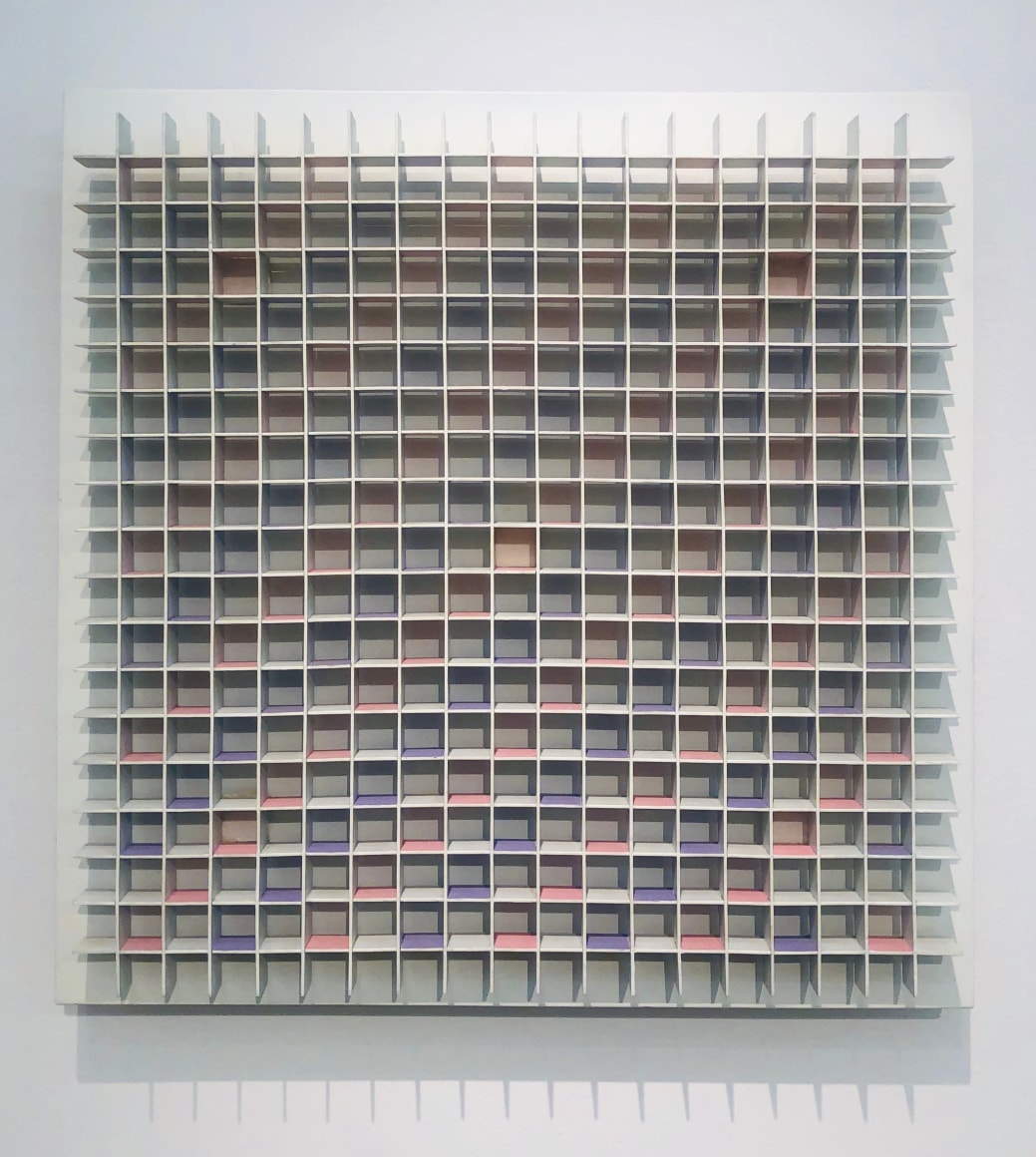 Luis Tomasello, Atmosph&egrave;re Chromoplastique No. 472, 1979. Acrylic on wood, 23 3/4 x 23 11/16 x 4 1/4 in. (60.3 x 60.3 x 10.8 cm.)