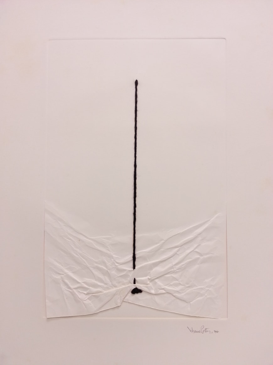 Liliana Porter,&nbsp;Untitled (with string and wrinkle), 1970.&nbsp;Embossing wrinkled and cut paper, yarn.&nbsp;30&nbsp;x 22 1/8 in. (76.2 x 56.2 cm.)