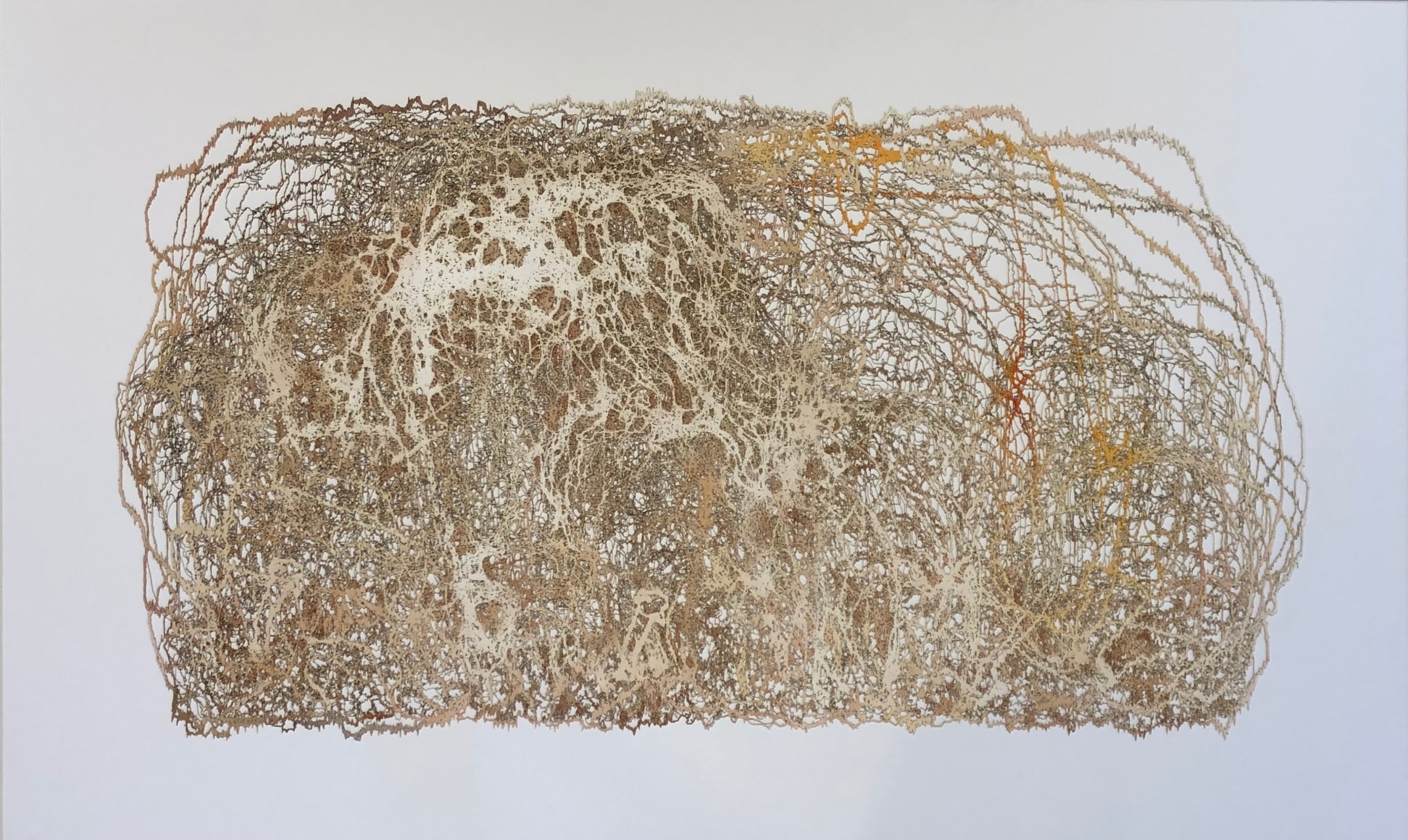 Gustavo Díaz, #trajectories #complexconnectivities #fluids #fuzzycluster #hipernatural #granularpatterns #phenomenon #neural networks  #varolius #no-lugar #fossil #map #neuroplasticity #topology #color #timeandcomplexity #02, 2019, Cut out paper, 22 13/16 x 37 3/8 in. (58 x 95 cm.)