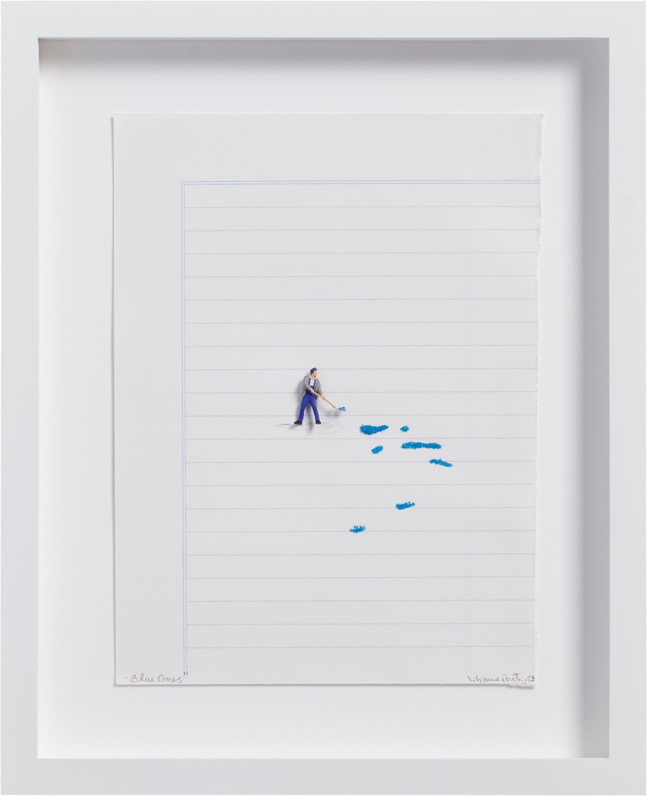 Liliana Porter, Blue Ones, Assemblage and graphite on paper, 8 &frac14; x 6 ⅛ in. (21 x 15.6 cm.)