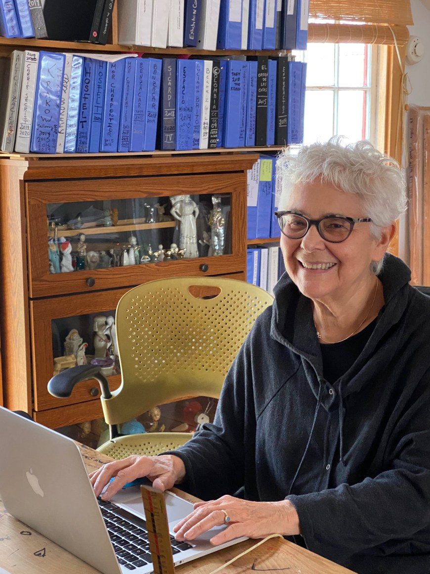 Liliana Porter working in her studio in Rhinebeck, March 2020.