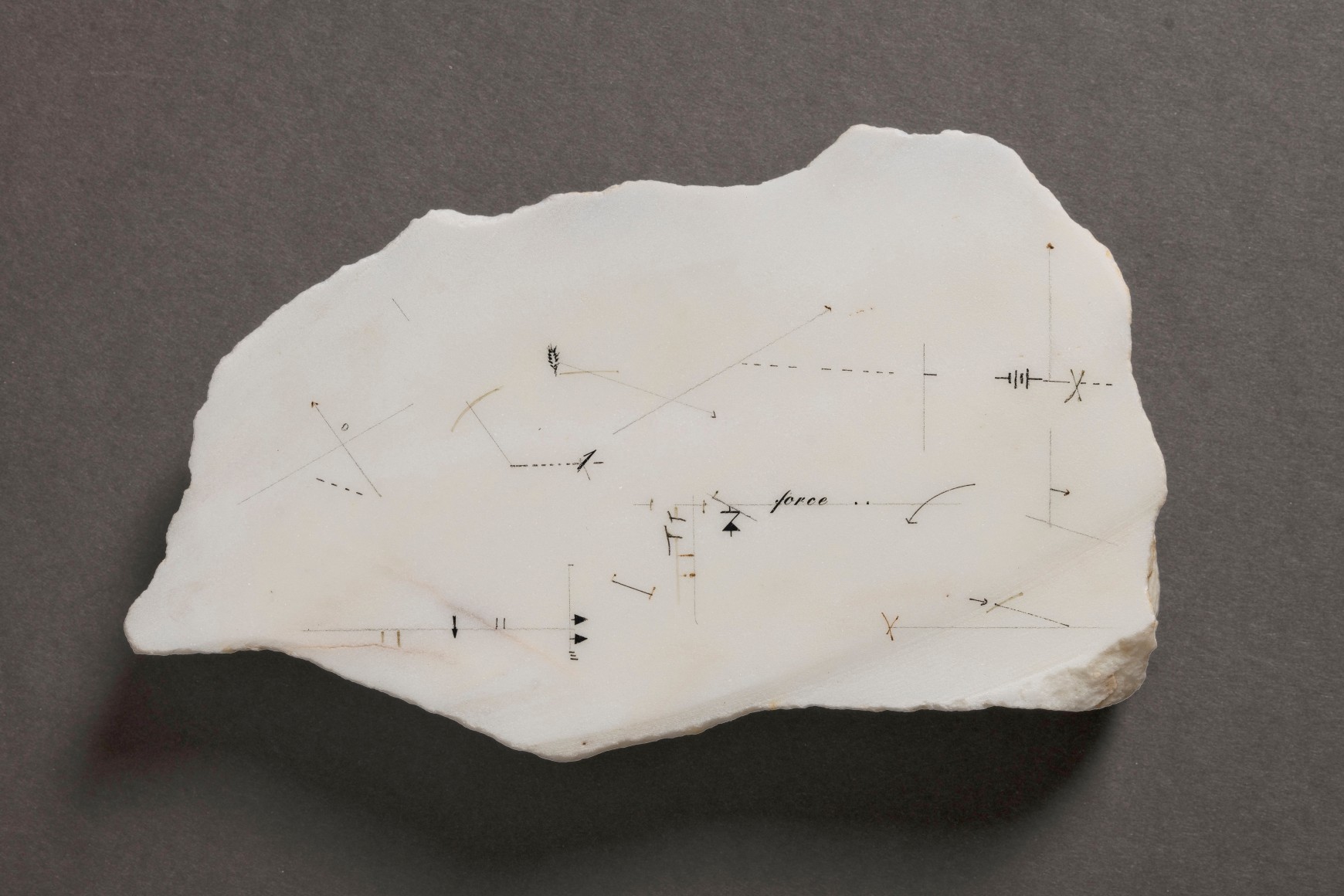 Marie Orensanz,&nbsp;Force, 1978,&nbsp;Drawing on marble (statuary),&nbsp;6 3/4 x 10 5/8 x 1 1/2 inches (17 x 27 x 3.8 cm.)