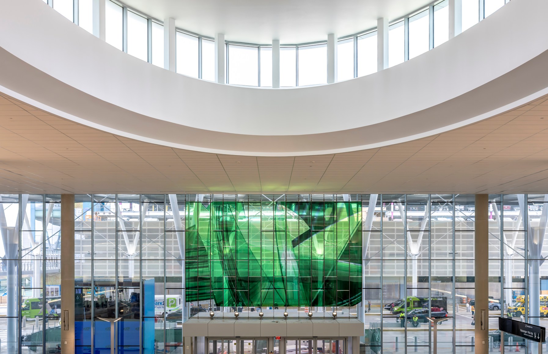 Marta Chilindron, Unexpected Spaces, 2025. Digital print on glass and polished stainless steel, 21&rsquo; x 20&rsquo; (yellow), 21&rsquo; x 35&rsquo; (green), 15&rsquo; x 27&rsquo; 6&rdquo; (blue). Permanent installation at George Bush Intercontinental Airport (IAH), Terminal E. Image courtesy of Houston Airports. Photos by Slyworks.