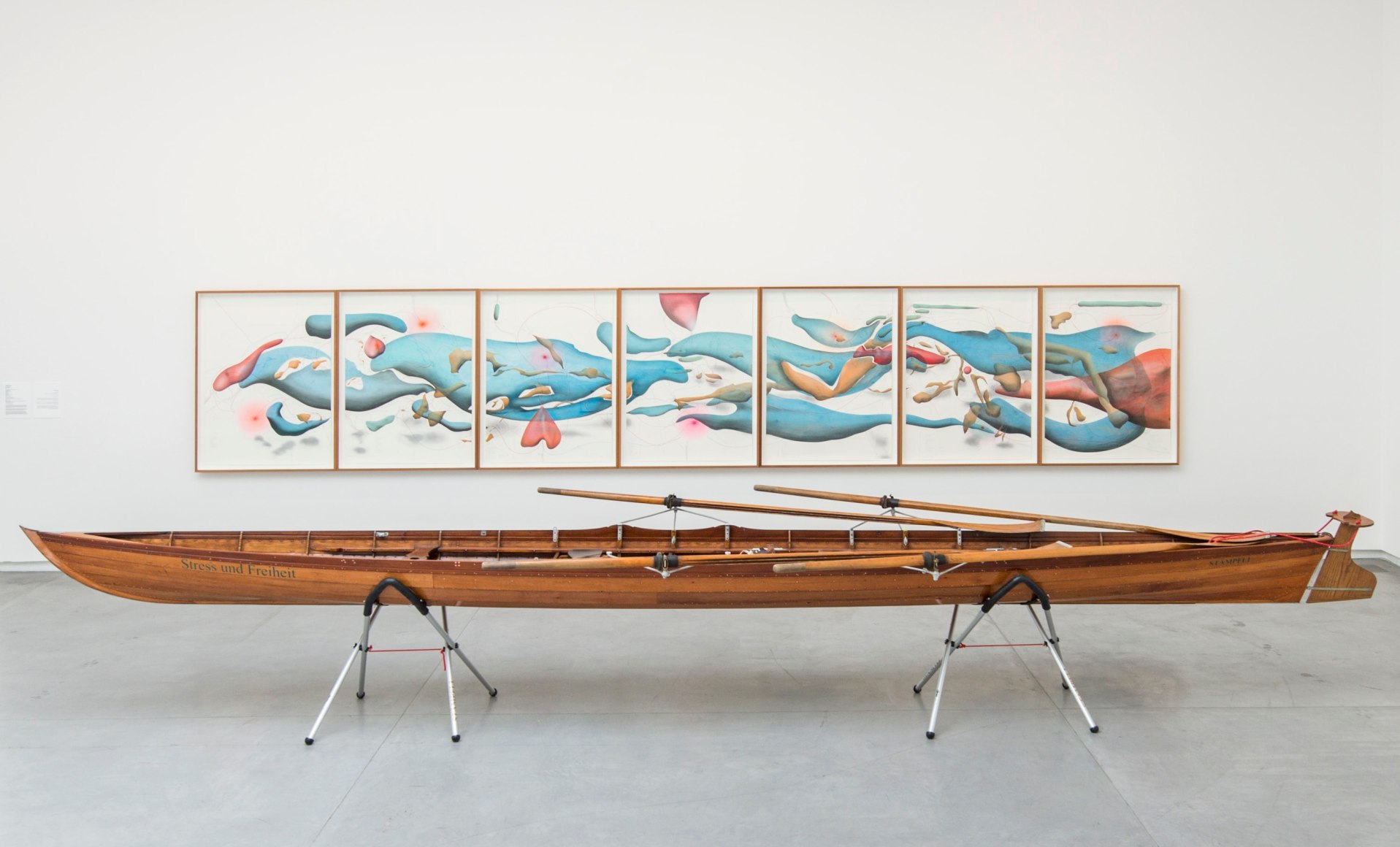 Jorinde Voigt, Radical Relaxation (Stress+Freiheit), Sloterdijk/Rousseau, 2016, ink, oil chalks, pastels, graphite on paper, seven parts, each: 140 cm x 100 cm. Exhibition view: Sharjah Biennial, Sharjah, United Arab Emirates, 2017. Photo: Sharjah Art Foundation.