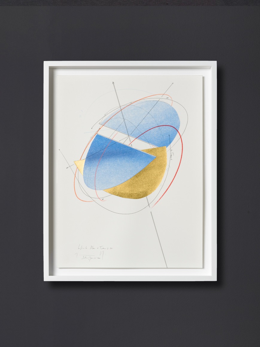 Jorinde Voigt,&nbsp;Infinite Blue + Transit (4), 2020. Signed,&nbsp;Ink, gold leaf, pastel, oil chalks and graphite on paper,&nbsp;18 &frac12; x 14 ⅝ x 1 ⅝ in. (47 x 37 x 4 cm.)