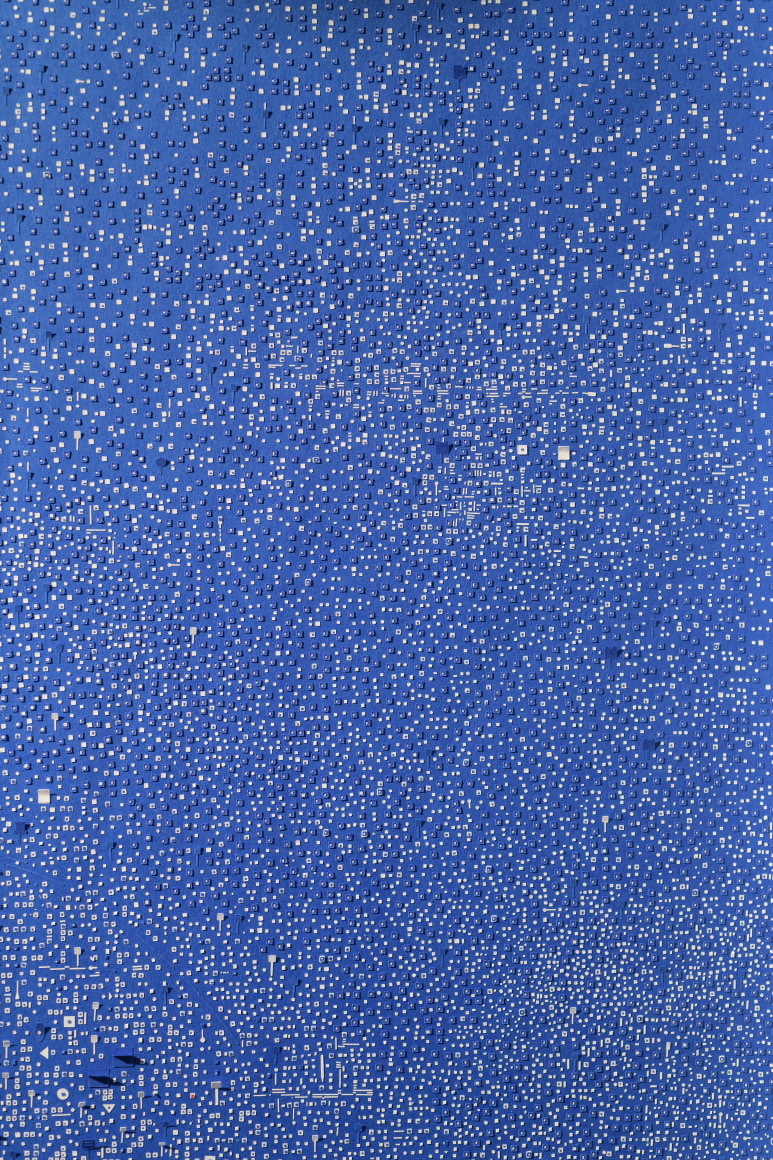 Marco Maggi, No visual distancing (Blue), detail, 2021. Paper on paper on paper, 36 x 24 in. (91.4 x 61 cm.)