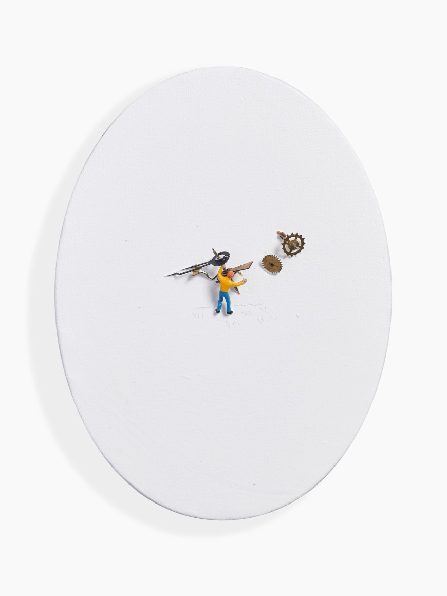 Liliana Porter, El Relojero III, Watch Man, 2020. Acrylic and assemblage on oval canvas, 8 x 6 in. (20.3 x 15.2 cm.)