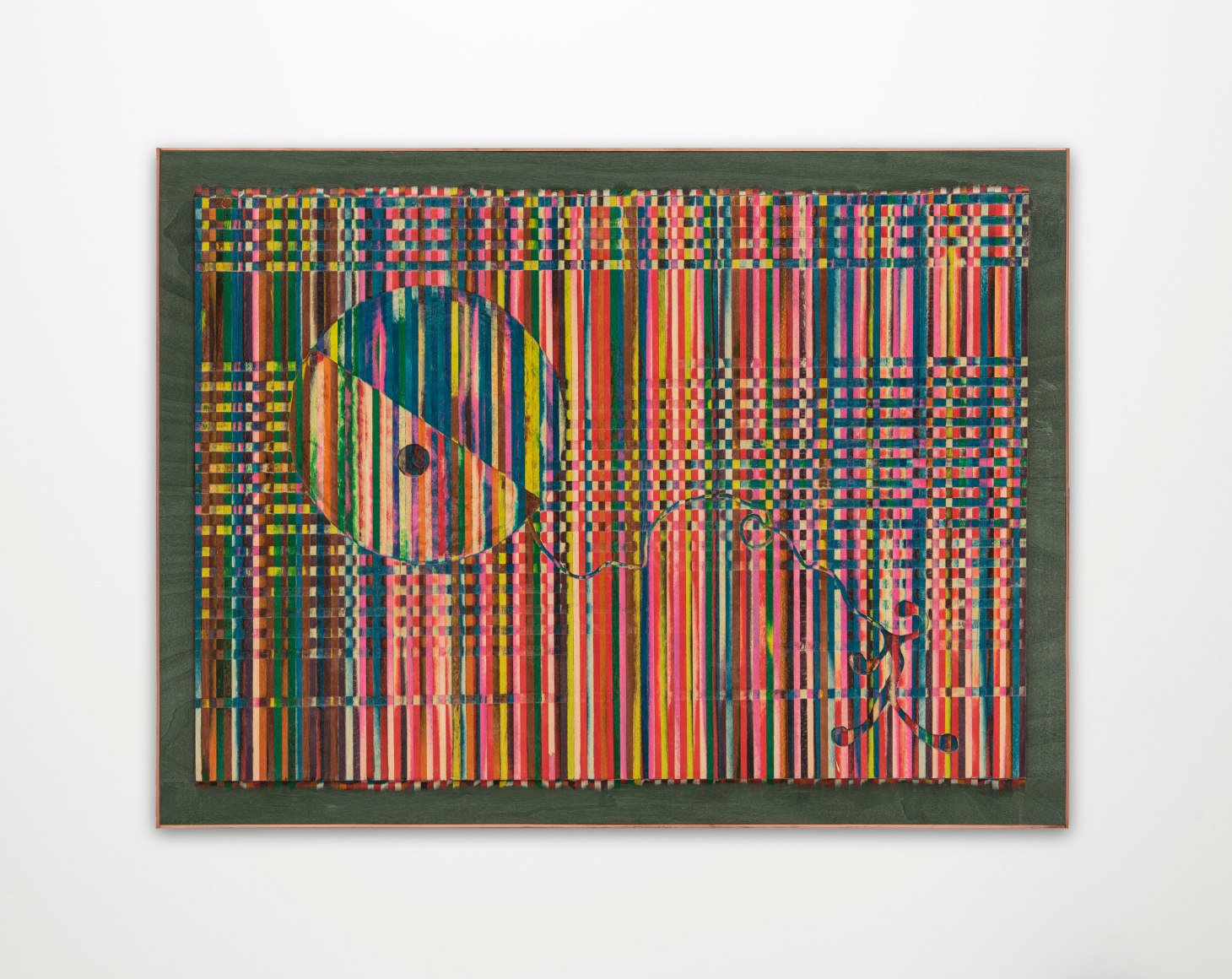 Sebast&iacute;an Gord&iacute;n, 1 de mayo, 7.15 am, 2022. Dyed veneer, plywood, copper, 22 7/8 x 17 3/8 in. (58 x 44 cm.)